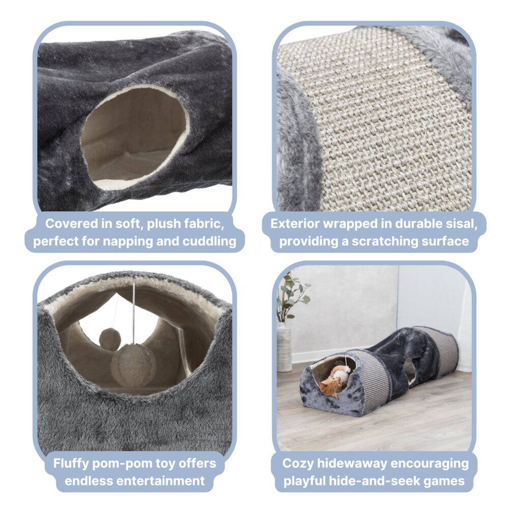 Covered in soft, plush fabric, perfect for napping and cuddling  
Exterior wrapped in durable sisal, providing a scratching surface  
Fluffy pom-pom toy offers endless entertainment  
Cozy hideaway encouraging playful hide-and-seek games