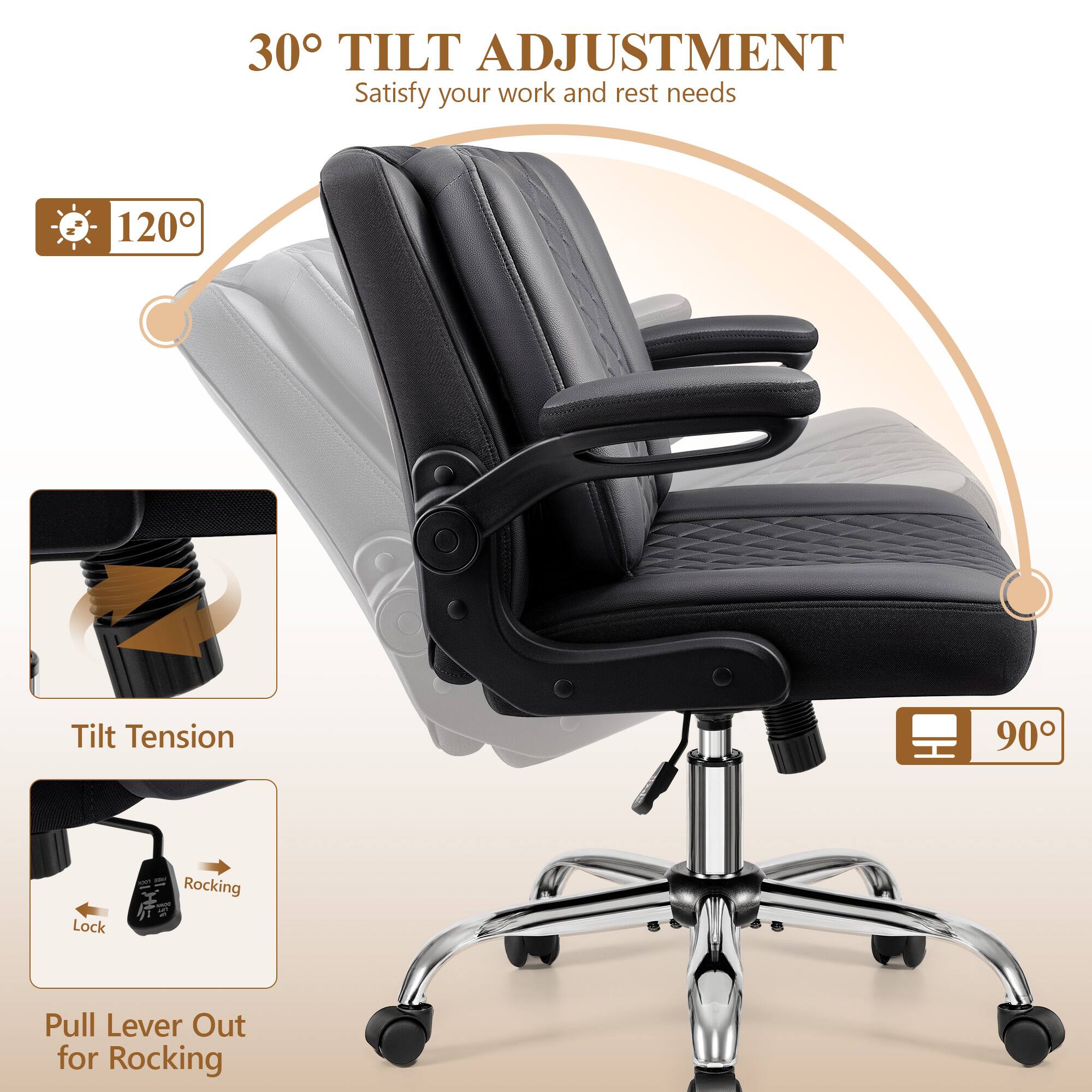 30° TILT ADJUSTMENT  
Satisfy your work and rest needs  

120°  

Tilt Tension  

90°  

Pull Lever Out for Rocking  

Lock  

Rocking