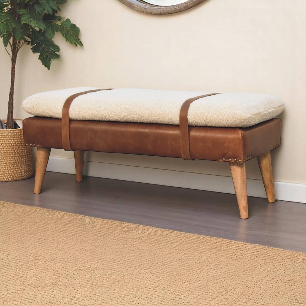 Angle. Artisan Furniture - Artisan Furniture Solid Wood Boucle Buffalo Hide Leather Bench, Upholstered, Brown & Cream - Brown & Cream.