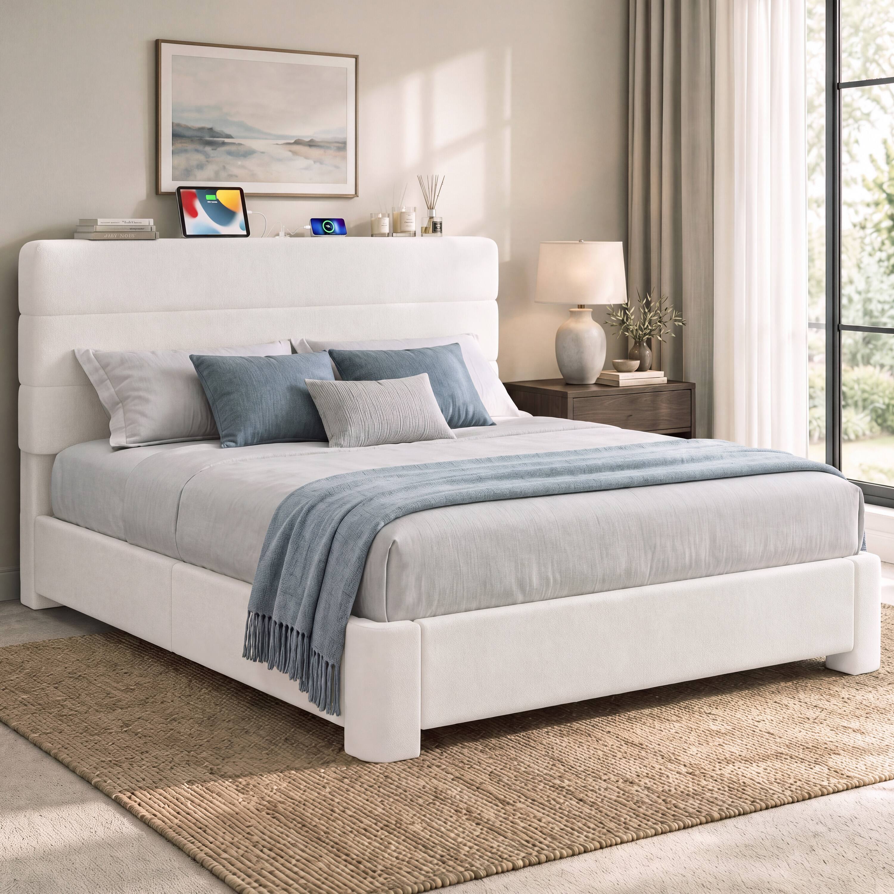 Left. Vipbear - Q/K Upholstered Bed Frame with USB/Type-C Charging, Platform Bed, No Box Spring Needed, Works with 8–14" Mattresses - Off-white.