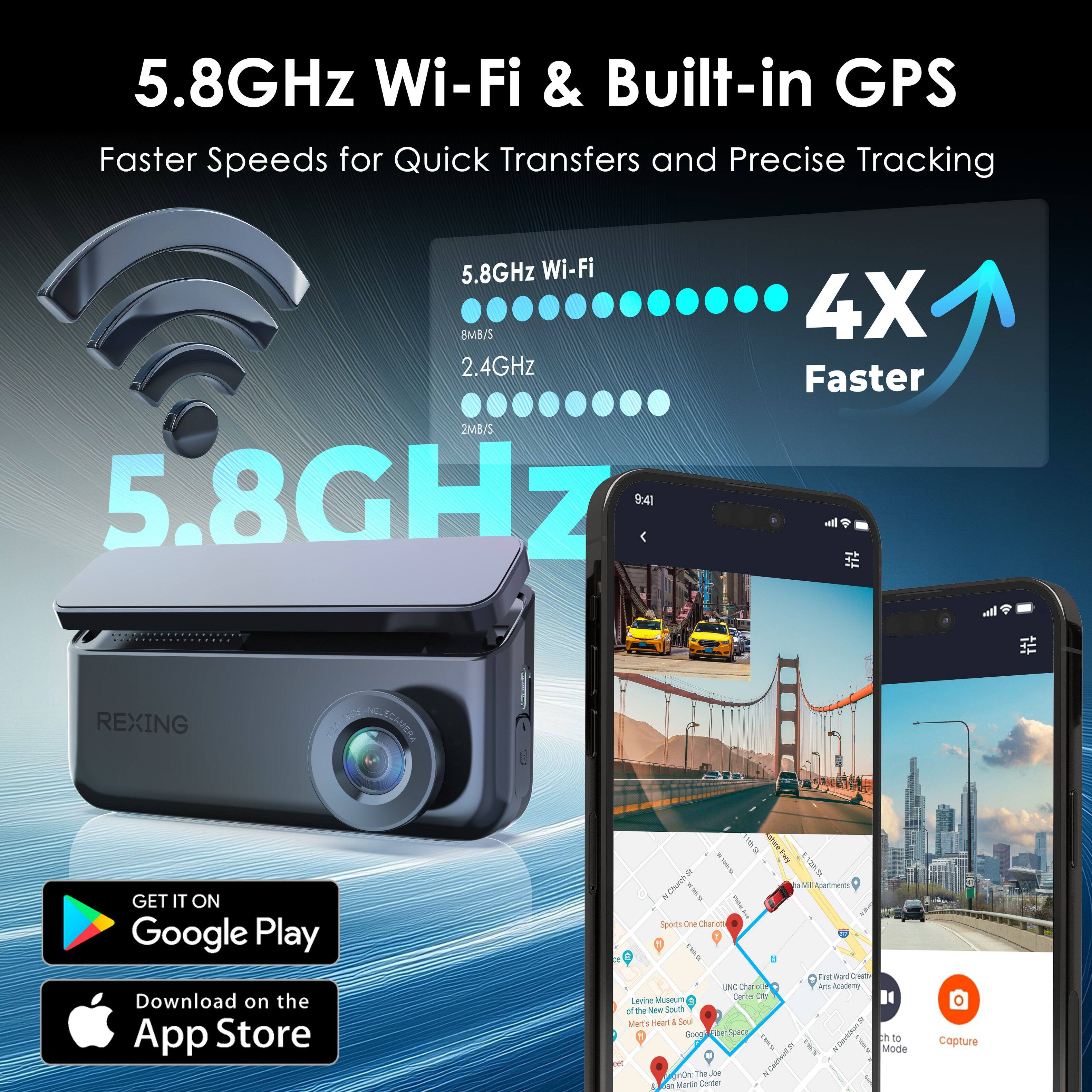 5.8GHz Wi-Fi & Built-in GPS: Faster Speeds for Quick Transfers and Precise Tracking

5.8GHz Wi-Fi: 4X Faster (8MB/S)
2.4GHz: 2MB/S

5.8GHz

9:41

REXING

GET IT ON Google Play
Download on the App Store

i P - IMOL
Ohch M
Aperments Soorts o Dianun!
dre Wes
UNC Darots Ar Acasem Musitum Corter
Levine o the Now Seumh Mer's Heal 4 Soul Geog eu pace Rdersiooe 1 TWE.
JOK Ihe - Calboo2 Jan Martie Certer th to Mode Capture