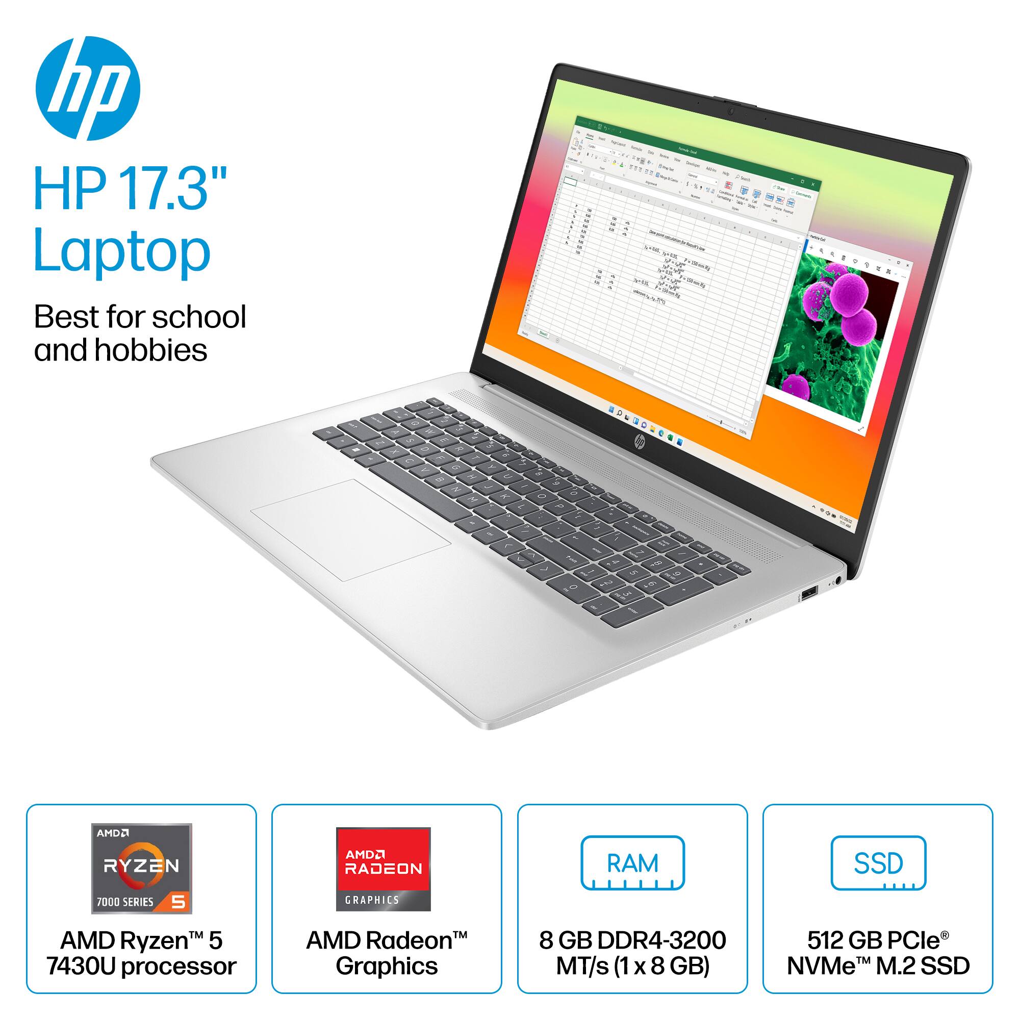 The text on the image is already grouped and correctly formatted. It reads:

"hp HP 17.3" Laptop Best for school and hobbies - - . SIME   -.. VP - nas 1 - - - - 2 - - 1 & - 1 .....  - - - - Y - - V - - - - - - - 5 . - d 2e AMD2 RYZEN AMD2 RADEON RAM SSD 7000 SERIES 5 GRAPHICS TM AMD Ryzen 5 7430U processor AMD Radeon Graphics 8 GB DDR4-3200 512 GB PCle MT/s (1 x 8 GB) NVMeT M.2 SSD"
