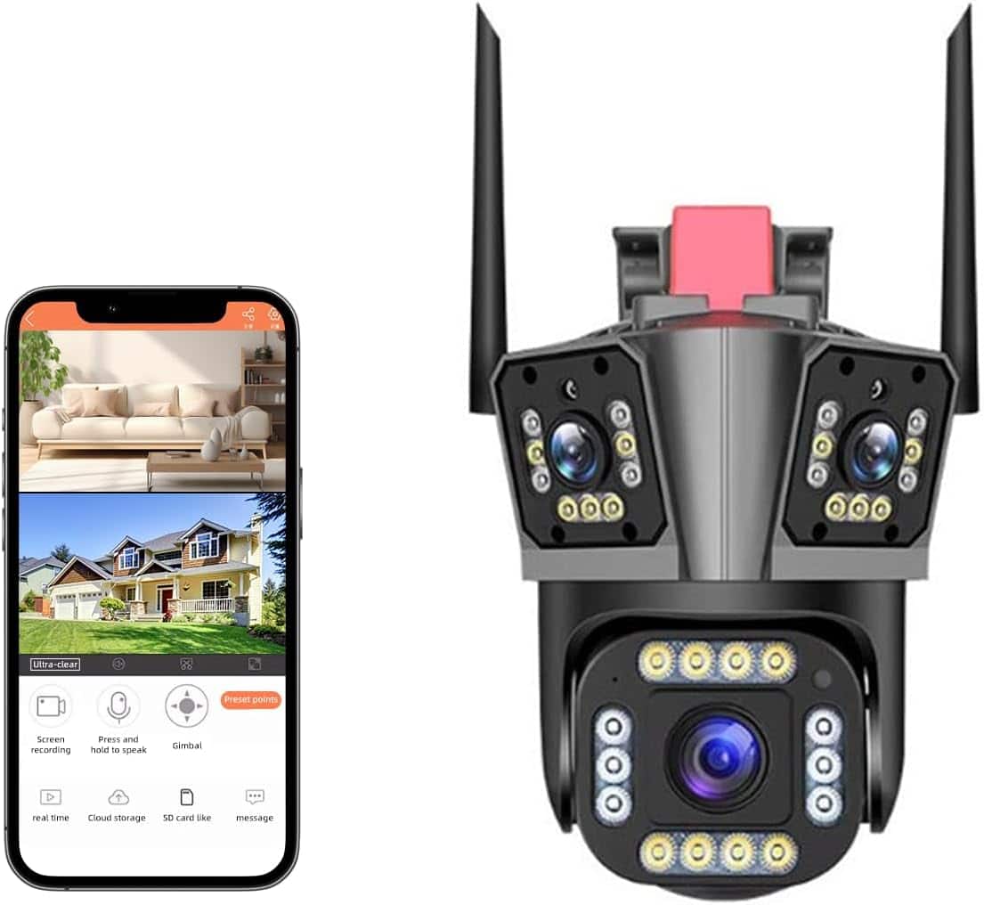 Cluzine - 4MP WiFi PTZ Security Cam,Outdoor Triple Lens, Auto Tracking, AI Alarm, Color Night Vision, Home Security