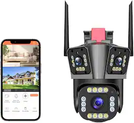 Cluzine - 4MP WiFi PTZ Security Cam,Outdoor Triple Lens, Auto Tracking, AI Alarm, Color Night Vision, Home Security