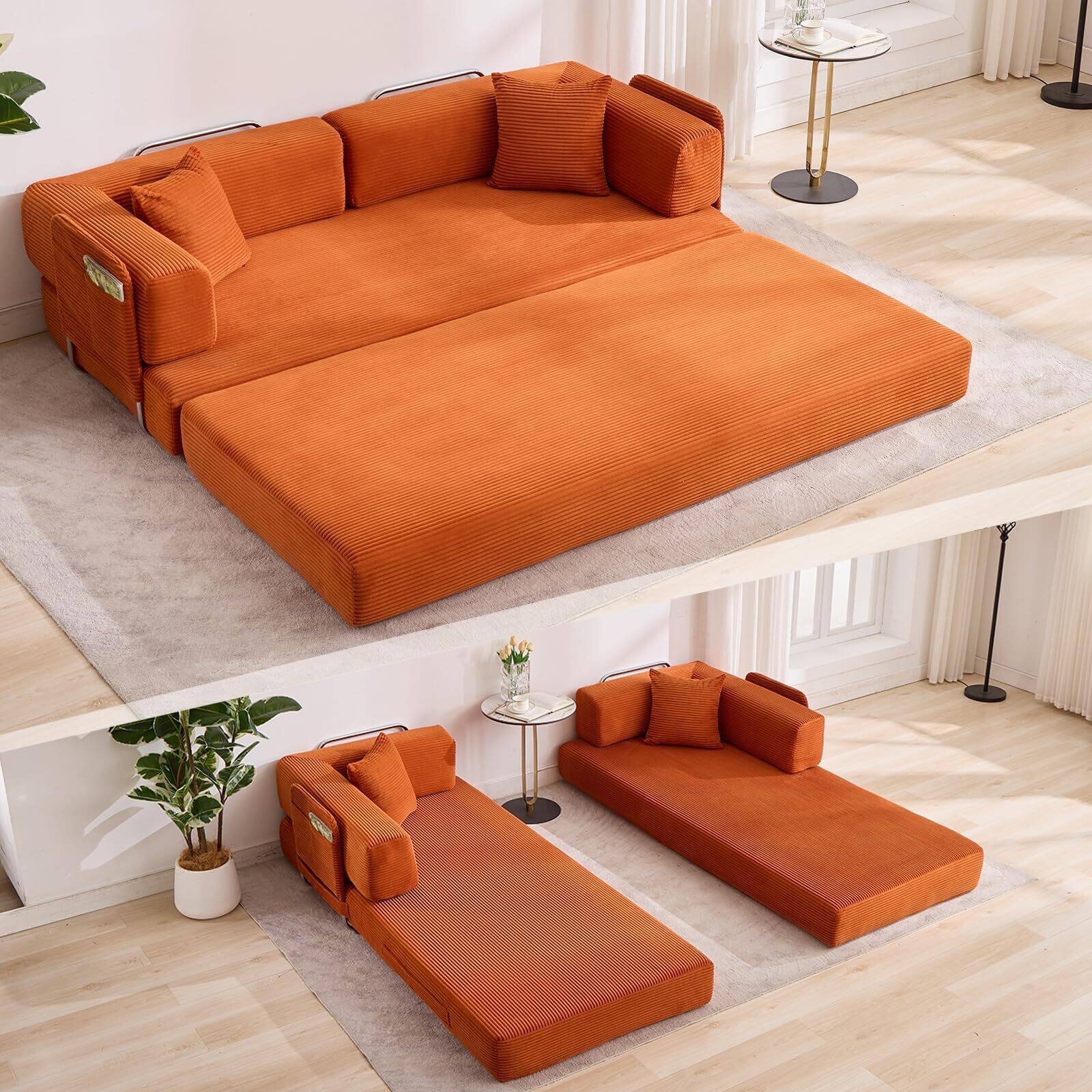 Acekool- 78.8" Convertible Chaise Lounge Sofa Bed, Oversized Folding Chair with Pillow, Upholstered in Soft Breathable- Orange