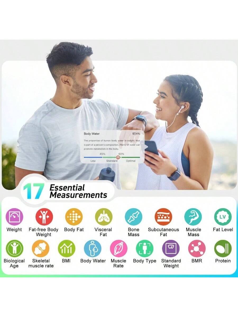 Body Water 57.4%  
The proportion of human body water in weight that is part of a person's composition. Plenty of water can promote metabolism in the body.  
45% Low  
Standard  
60% Optimal  

17 Essential Measurements  
- Weight  
- Fat-free Body Weight  
- Body Fat  
- Visceral Fat  
- Bone Mass  
- Subcutaneous Fat  
- Muscle Mass  
- Fat Level  
- Biological Age  
- Skeletal muscle rate  
- BMI  
- Body Water  
- Muscle Rate  
- Body Type  
- Standard Weight  
- BMR  
- Protein