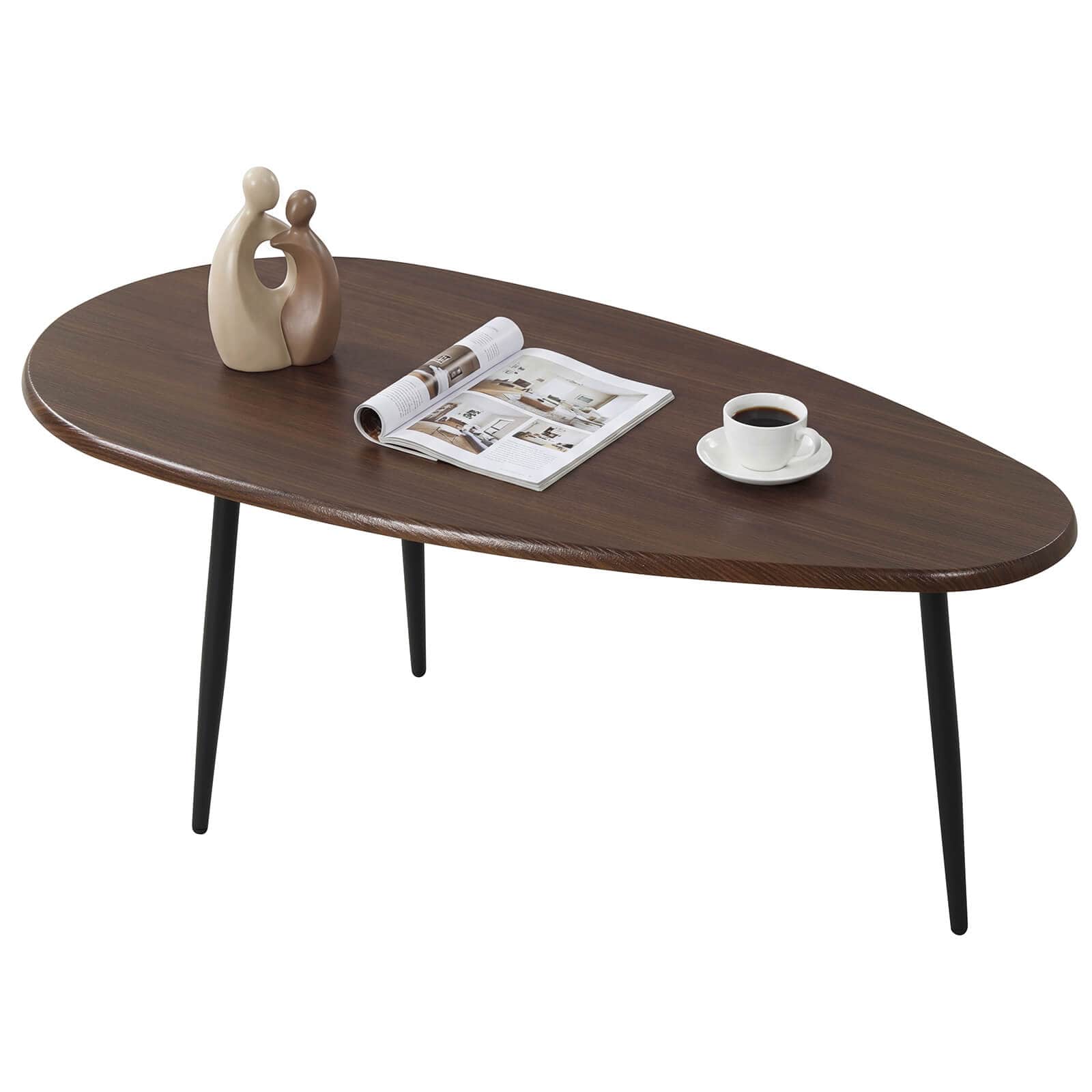 Costway - Oval Coffee Table with Sturdy Metal Construction & Compact Design, Retro Sofa Table - Walnut