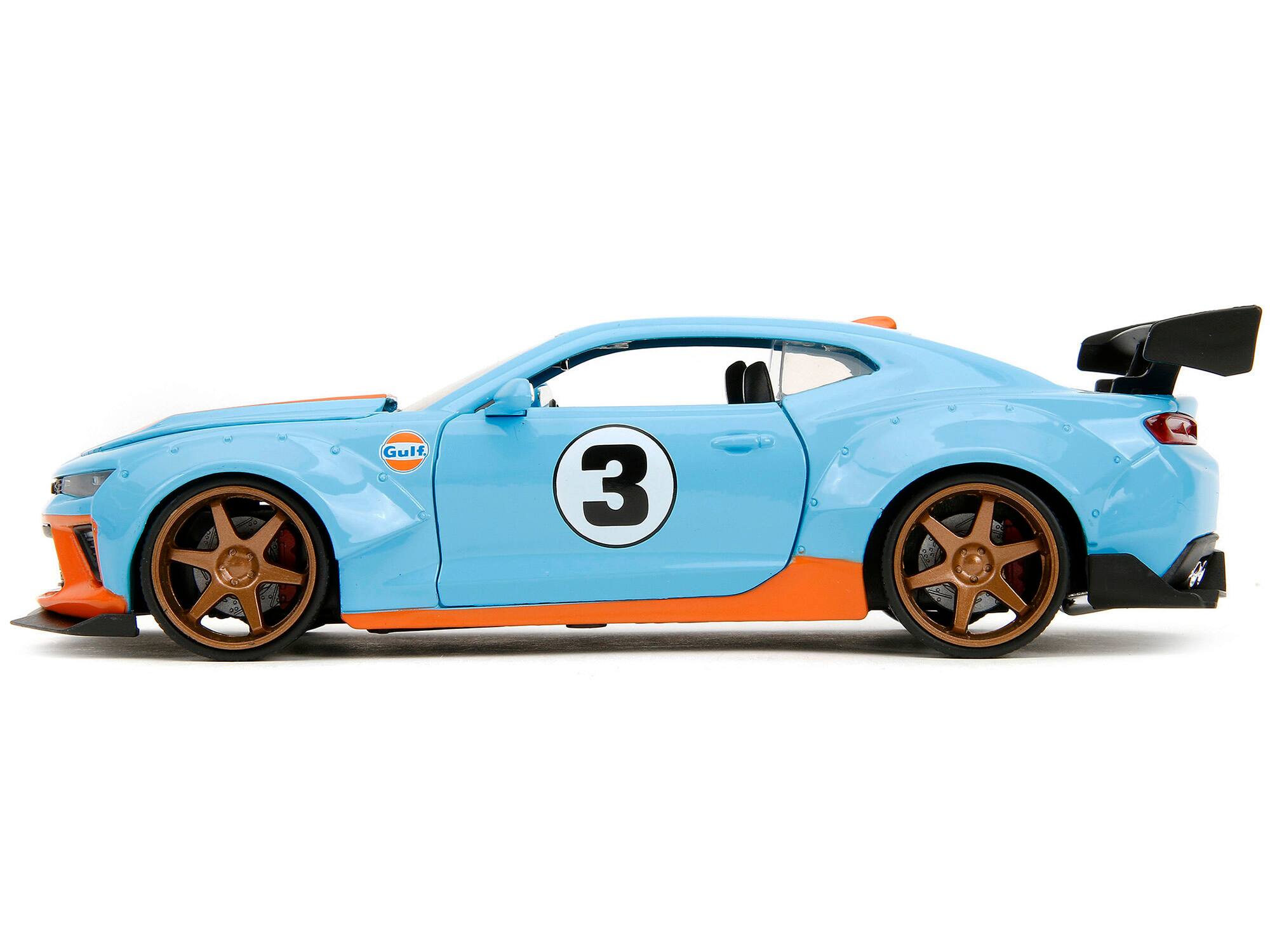 Alt View 4. Jada - 2016 Chevrolet Camaro Widebody #3 Light Blue with Orange Stripes "Gulf Oil" "Wide Body" Series 1/24 Model Car by Jada - Multicolor.