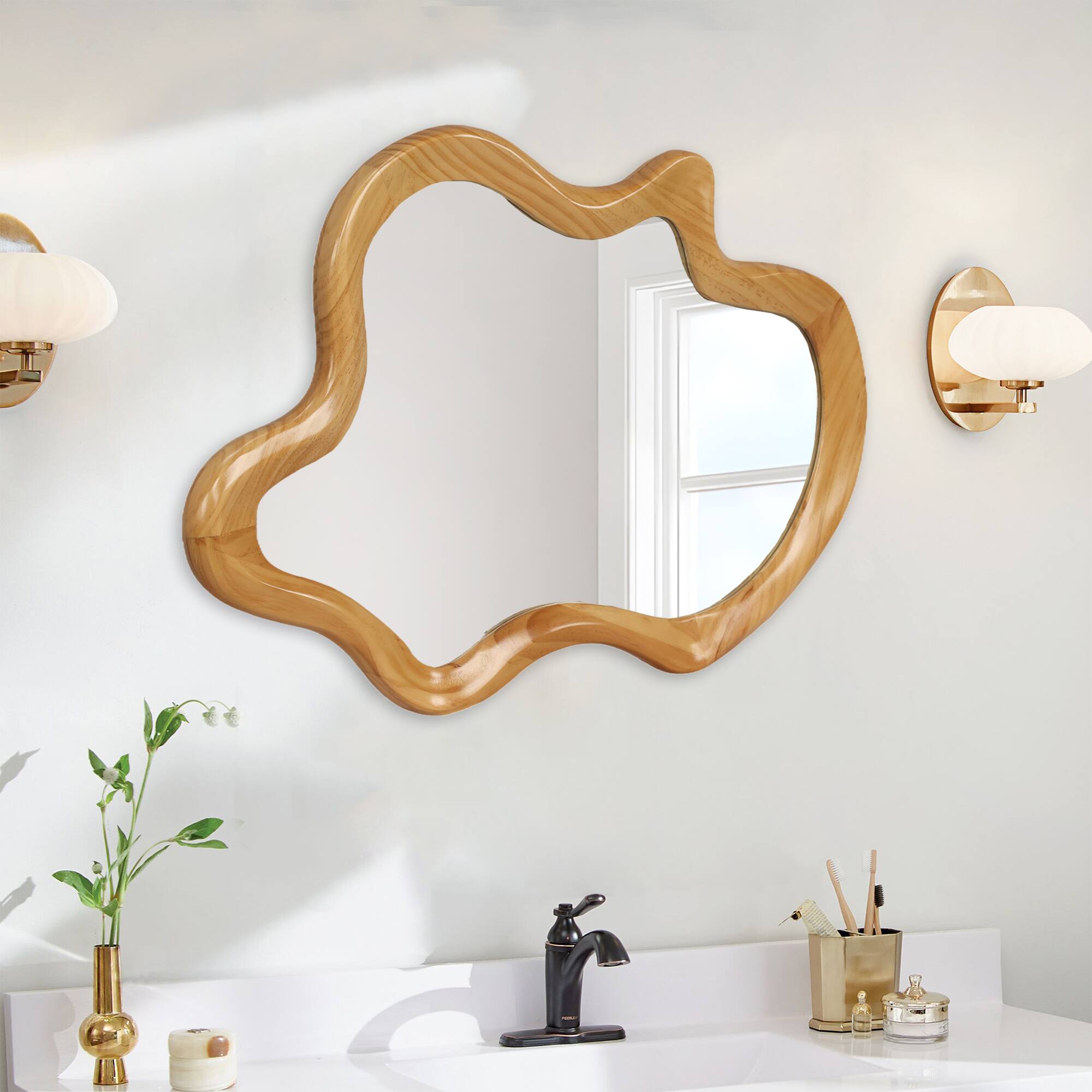 Alt View 2. PAIHOME - 33.46" x 22.24" Irregular Shaped Wall Mirror with Natural Wood Frame, Decorative Bathroom Bedroom Vanity Mirror - Natural Wood.