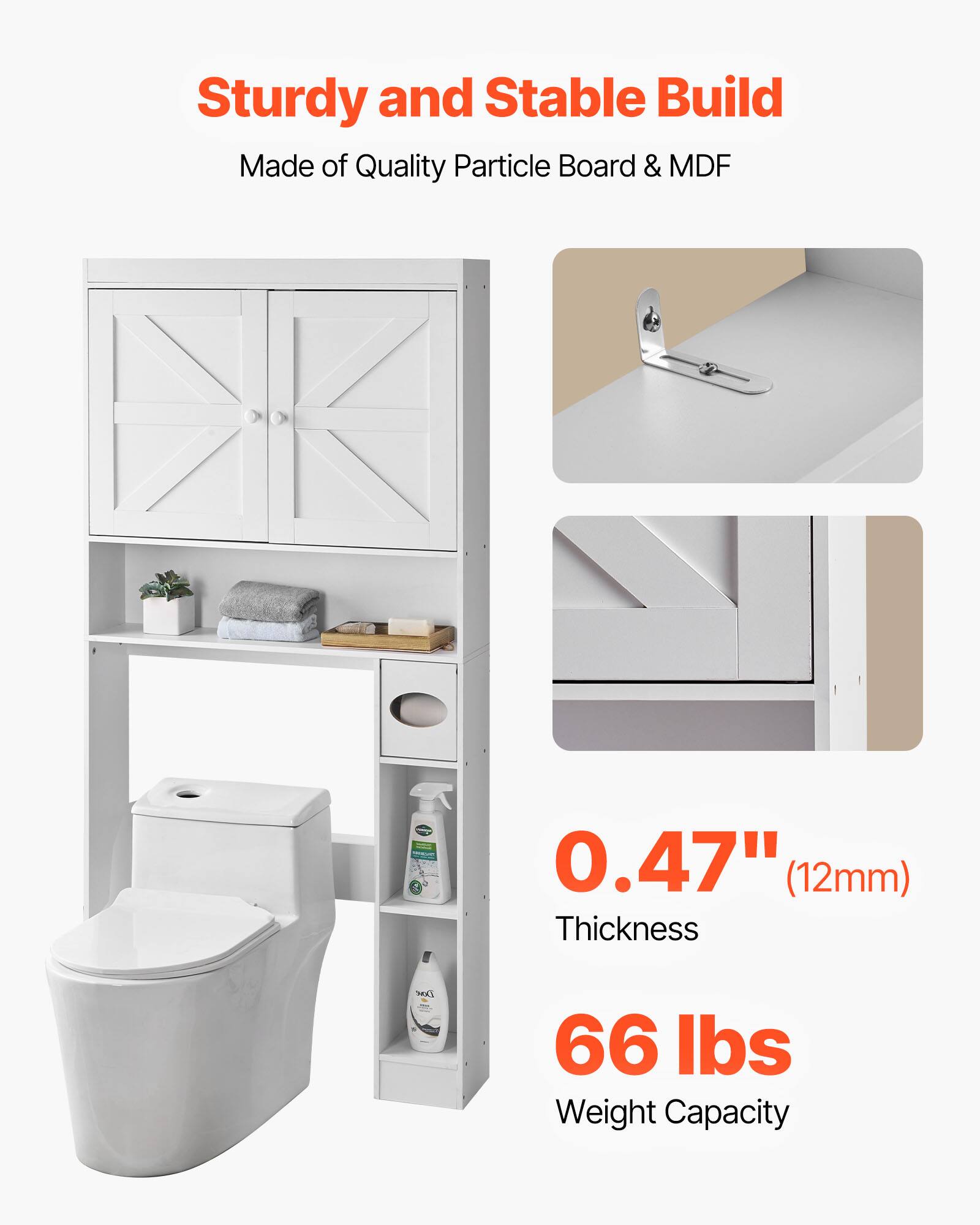 Sturdy and Stable Build  
Made of Quality Particle Board & MDF  

0.47" (12mm) Thickness  
66 lbs Weight Capacity