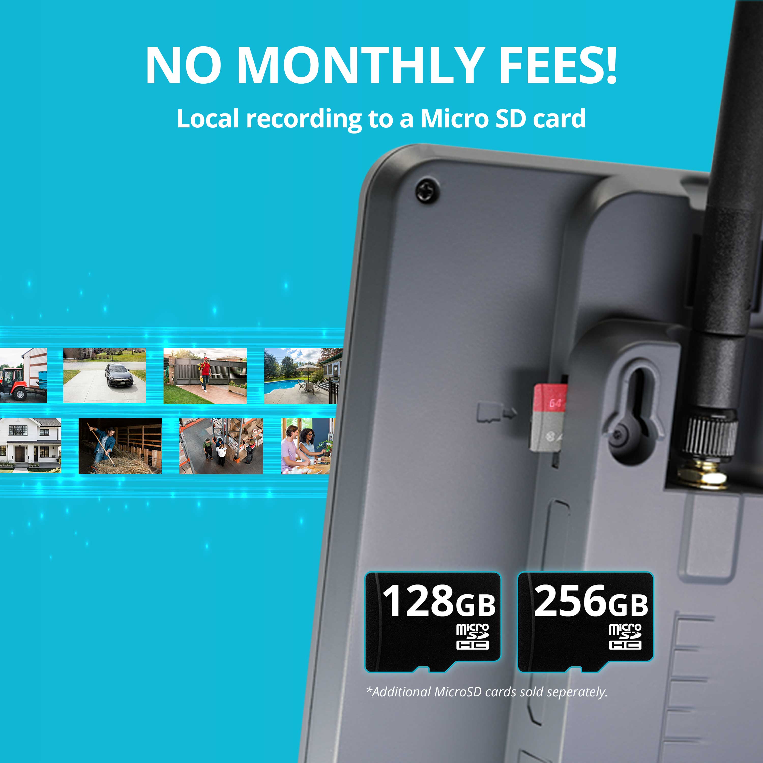 NO MONTHLY FEES!  
Local recording to a Micro SD card  

128GB  
256GB  

*Additional MicroSD cards sold separately.