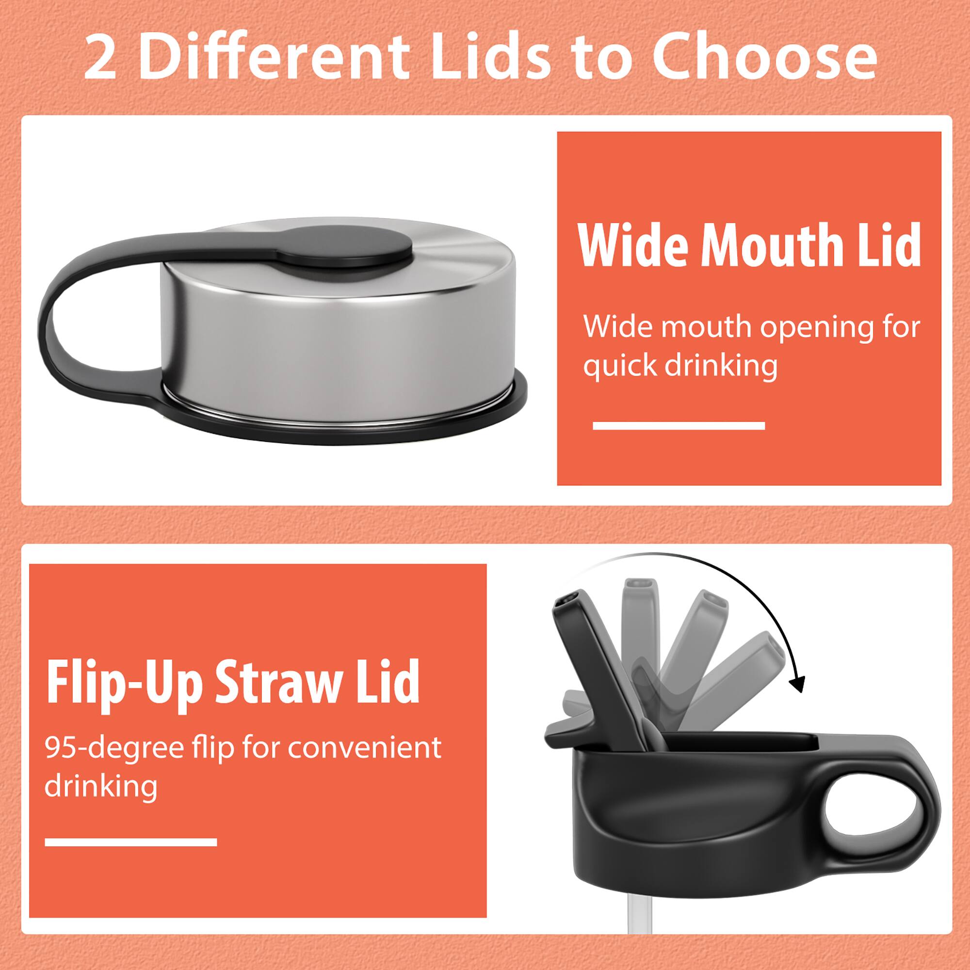 2 Different Lids to Choose

Wide Mouth Lid
Wide mouth opening for quick drinking

Flip-Up Straw Lid
95-degree flip for convenient drinking
