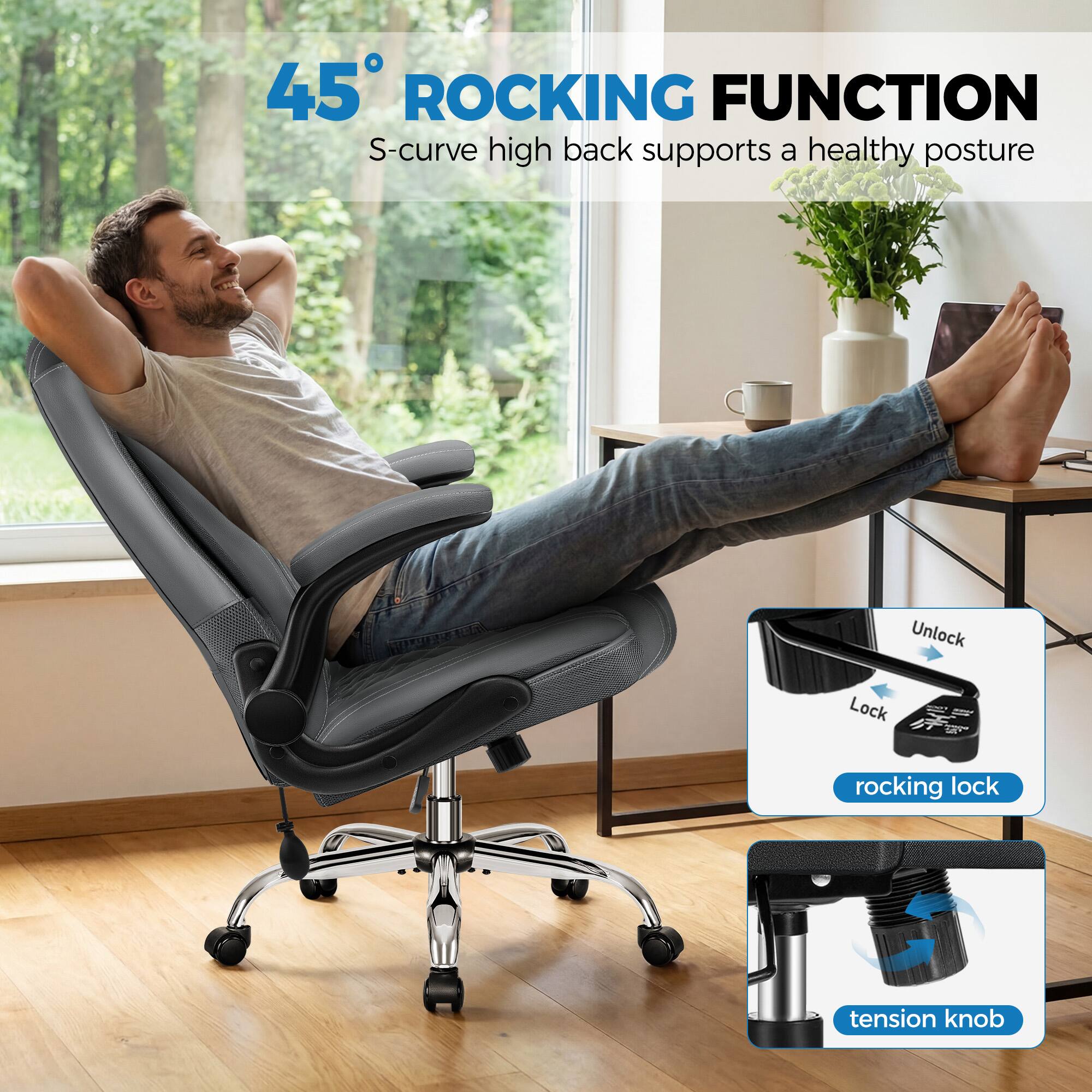 45° ROCKING FUNCTION  
S-curve high back supports a healthy posture  

Unlock Lock rocking lock tension knob