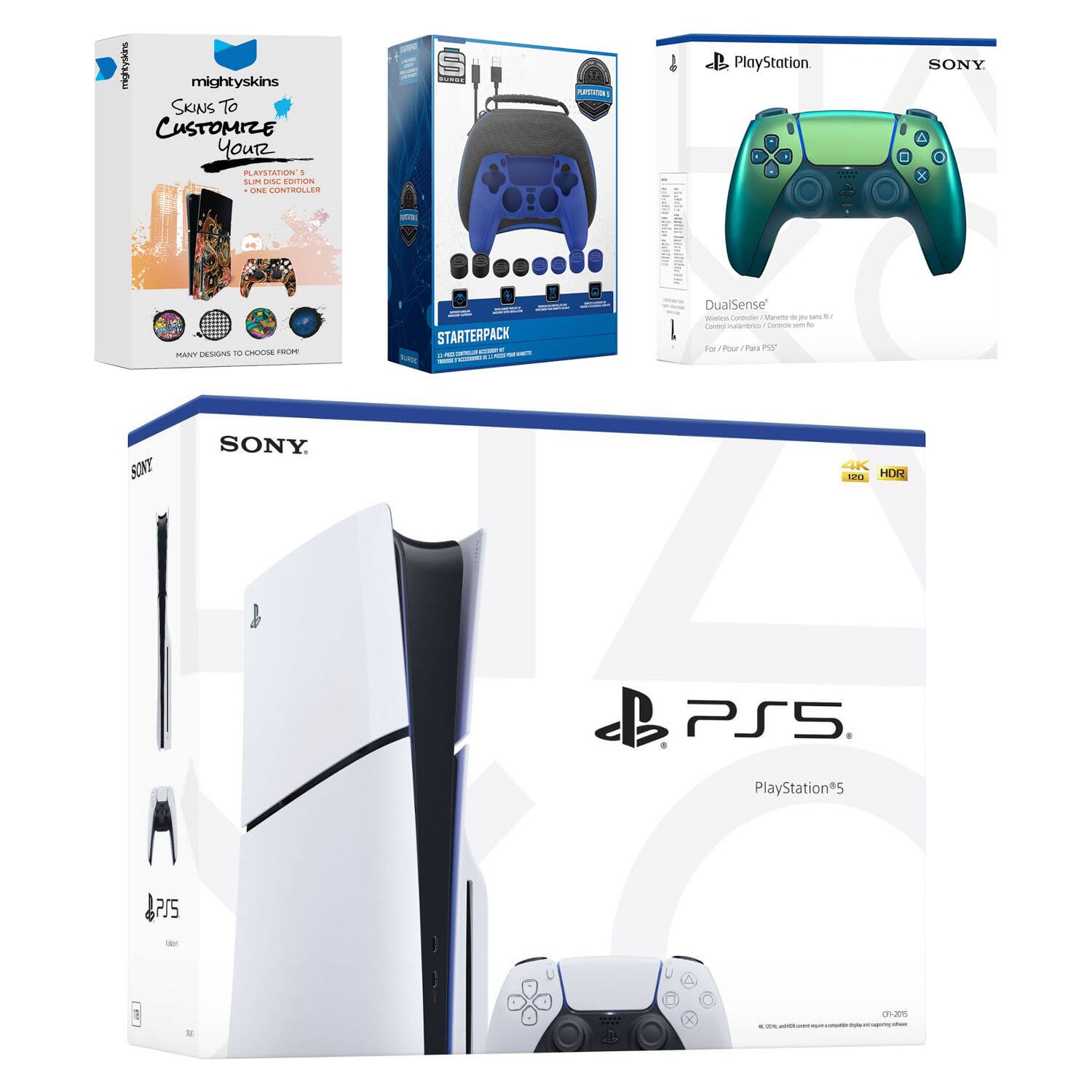 mighty skins  
Skins To Customize Your  
PS5 Slim Disc Edition  
One Controller  

MANY DESIGNS TO CHOOSE FROM  

STARTERPACK  

SONY  
DualSense  
Wireless Controller  
For PS5  

PlayStation  
PS5  
PlayStation 5  

SONY  
PS5  
Console  

HDR  
4K