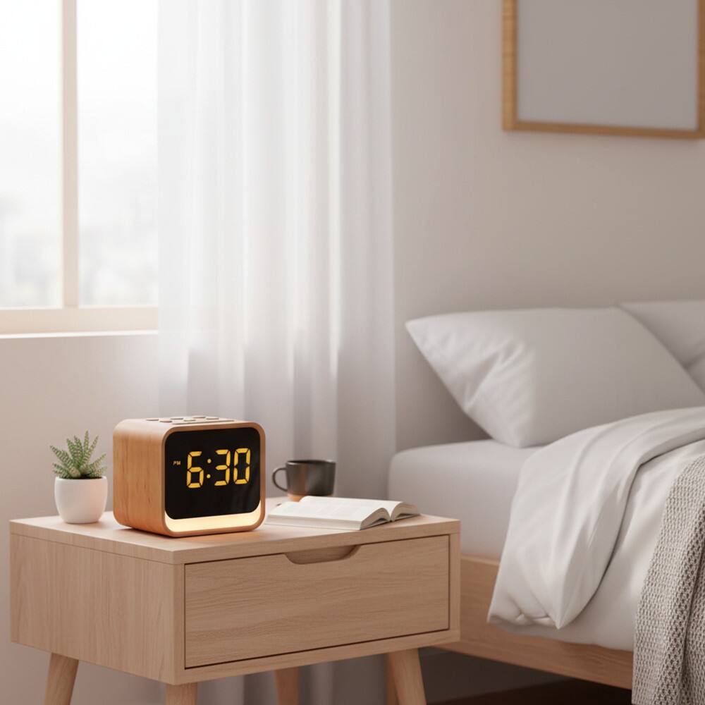 Alt View 2. Dazzed Corner - Wooden Sound Machine Alarm Clock, Small Digital Clock - Oak Wood.