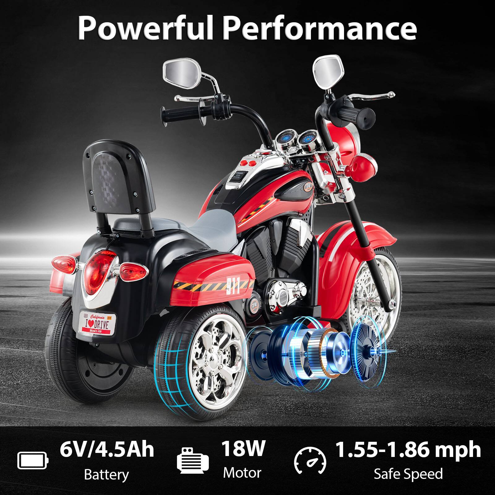 Powerful Performance

- 6V/4.5Ah Battery
- 18W Motor
- 1.55-1.86 mph Safe Speed