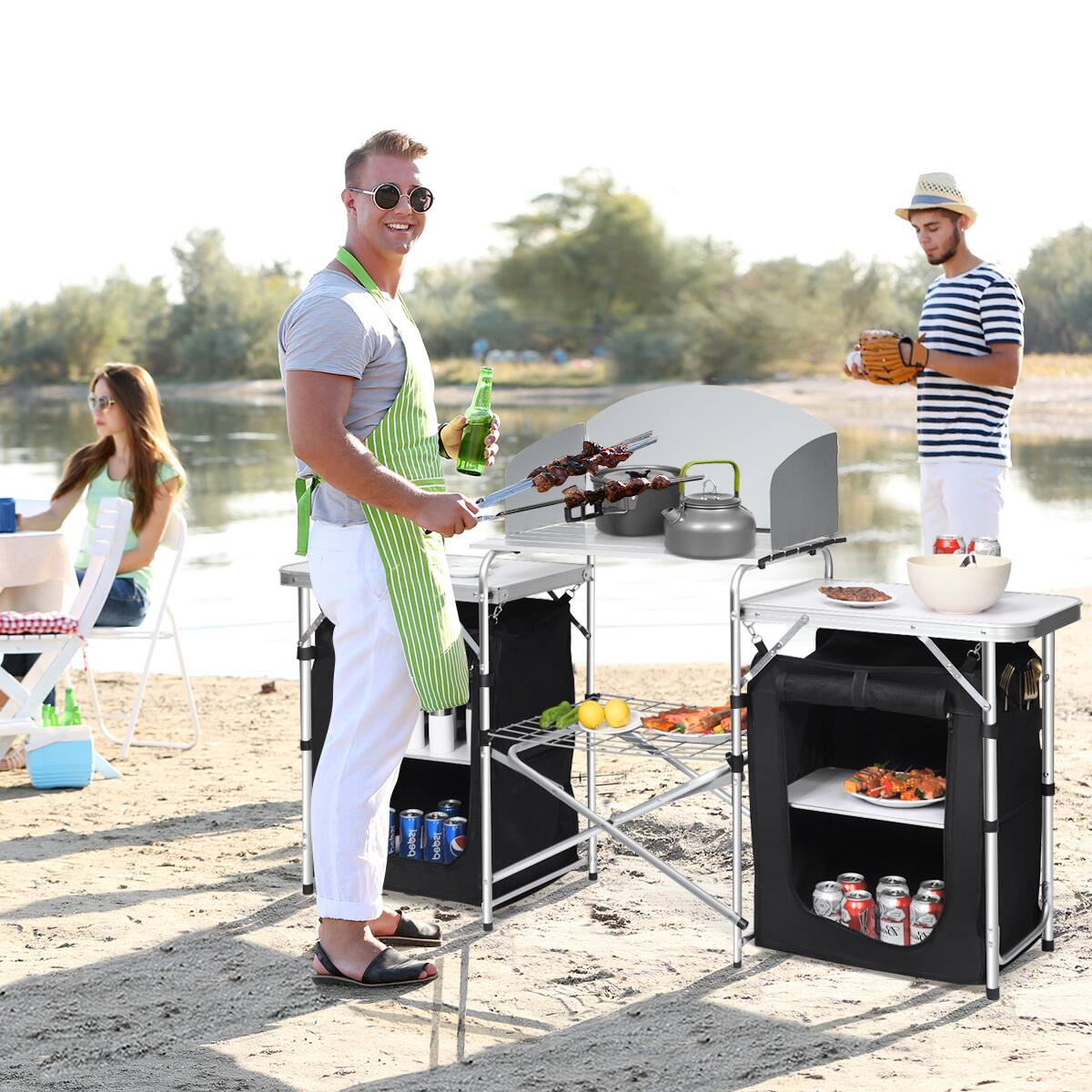 Left. Costway - Folding Portable Aluminum Camping Grill Table w/ Storage Organizer Windscreen Black - Black.