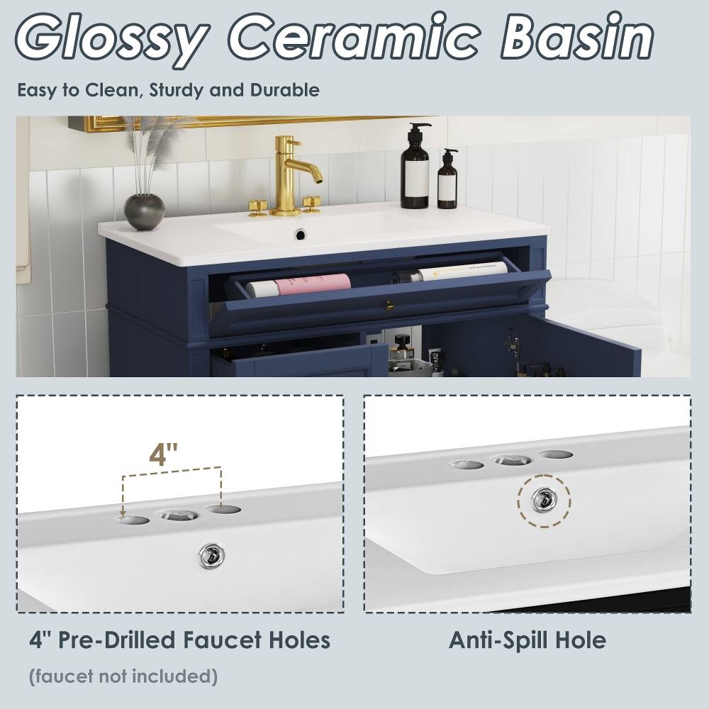 Glossy Ceramic Basin  
Easy to Clean, Sturdy and Durable  

TOMARIAN  
TRAIS  

4" Pre-Drilled Faucet Holes (faucet not included)  
Anti-Spill Hole