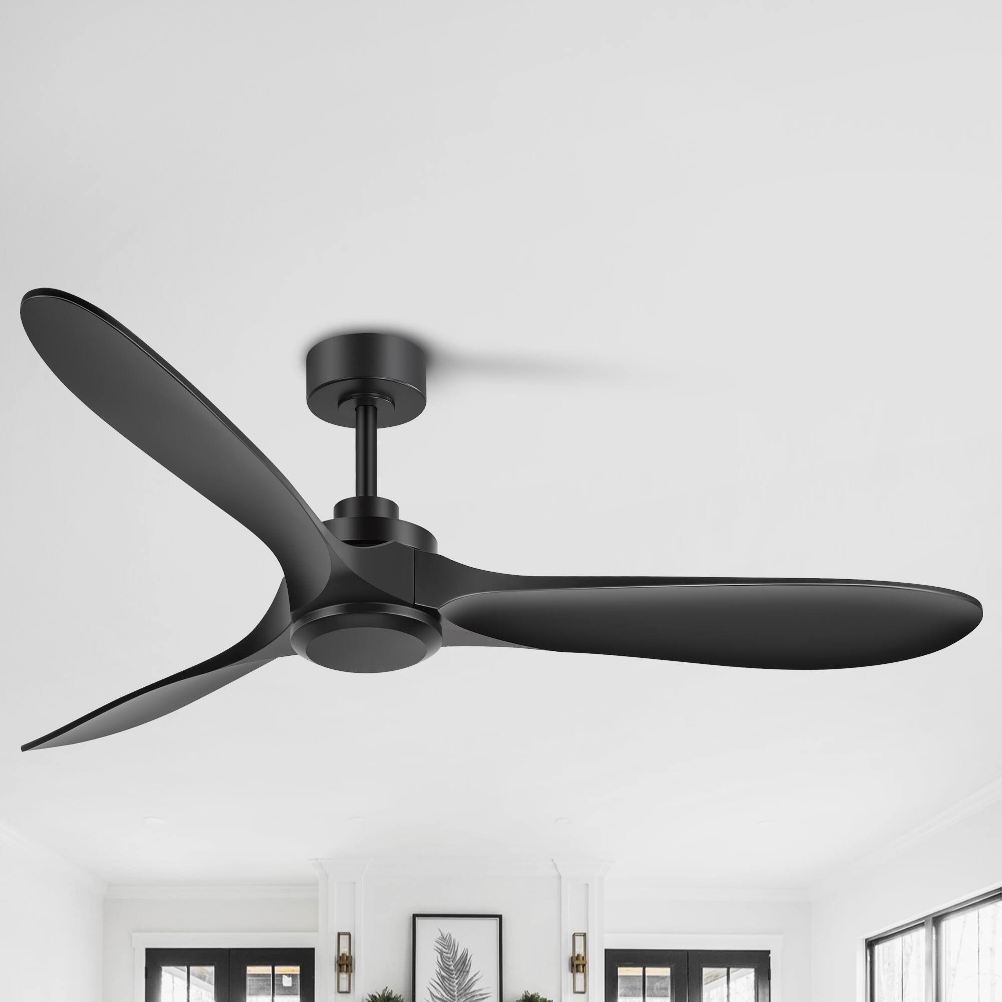 Back. Breezary - 60-Inch Indoor Ceiling Fan with 3 ABS Blades, DC Motor, 6-Speed Remote Control with Timer, 6"&12" Downrods, Led/No Light - Matte Black (Without Light).
