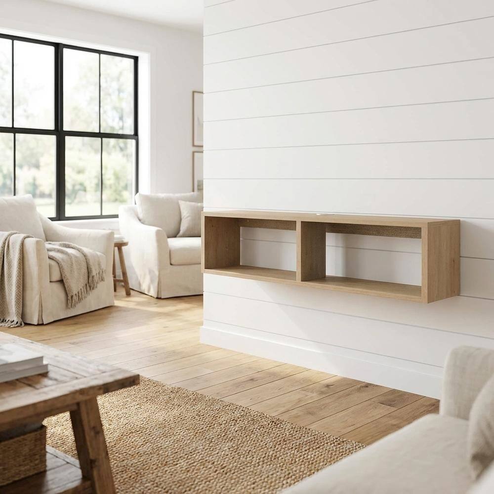 Alt View 1. FurniFact - Oak floating TV stand with 2 shelves for modern living spaces - Beige.