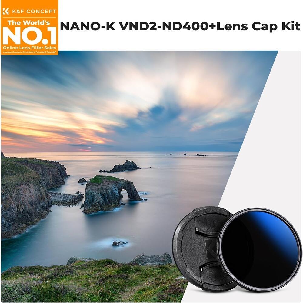 K&F CONCEPT  
The World's NO.1 Online Lens Filter Sales  
Among Camera Accessory Pioneers  

NANO-K VND2-ND400+Lens Cap Kit