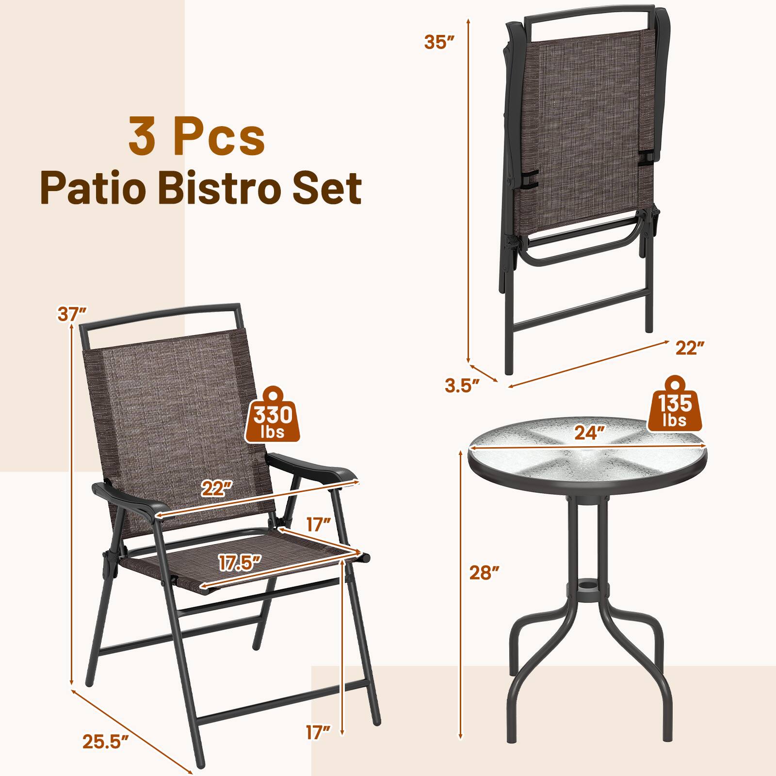 3 Pcs Patio Bistro Set, 35", 37", 22", 330 lbs, 3.5", 24", 135 lbs, 22", 17", 17.5", 28", 25.5", 17"