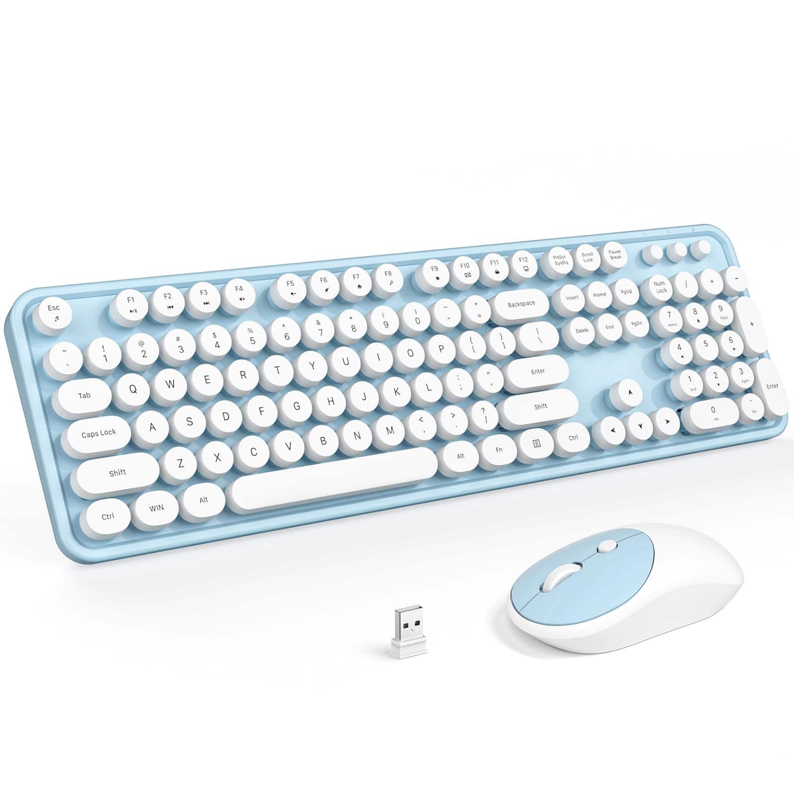 PO3TICJUNKI3 - Wireless And Mouse Typewriter Full Size With Number Pad 1 Usb Connected For Windows 7 8 10 Laptop Desktop P - Blue White