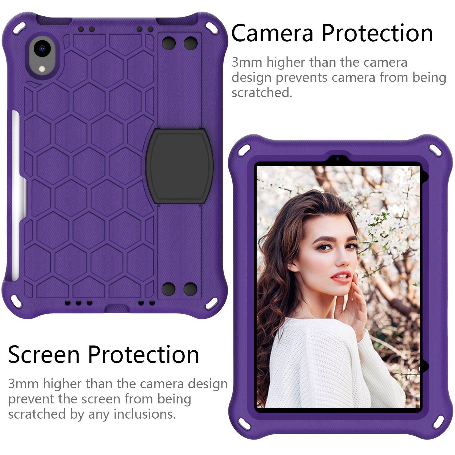 Camera Protection  
3mm higher than the camera design prevents camera from being scratched.  

Screen Protection  
3mm higher than the camera design prevent the screen from being scratched by any inclusions.