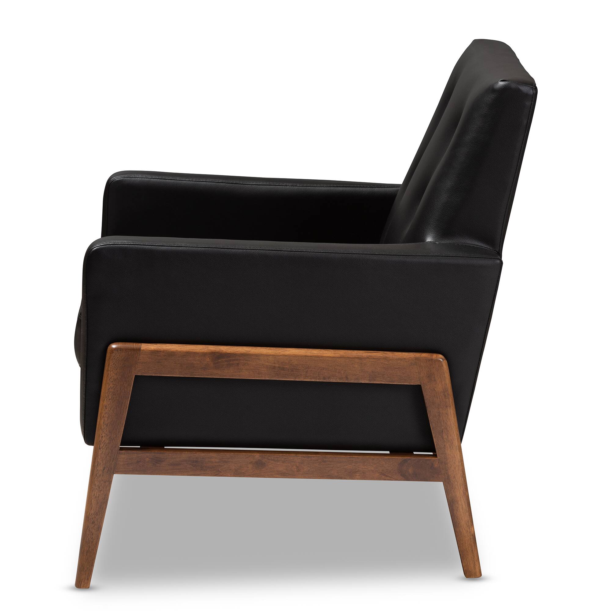 Left. Baxton Studio - Perris Mid-Century Modern Faux Leather Upholstered Walnut Wood Lounge Chair - Black.