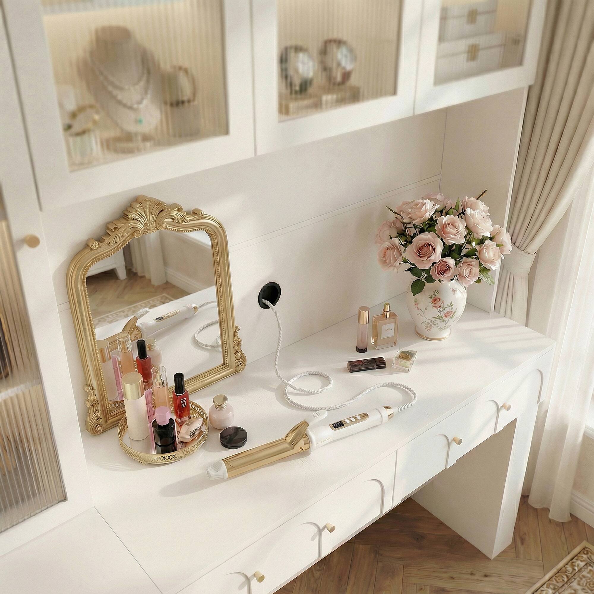 Alt View 2. Famapy - French Vintage Vanity & Desk Combo – White Arched Cabinet with Drawer, Glass Doors, for Bedroom or Home Office - White.