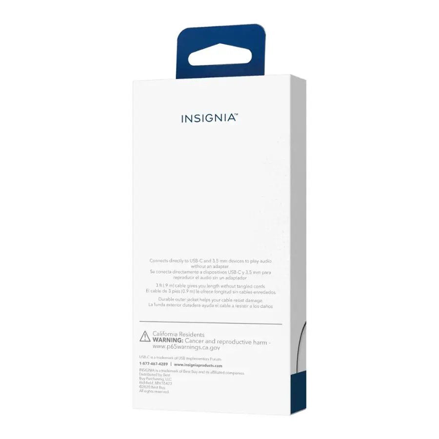 INSIGNIA Connects directly to US8-C and 3.5 mm devices to play audio without an adapter. The 10.9 m cable gives you length without tangled cords. The durable outer jacket helps your cable resist damage. California Residents WARNING: Cancer and reproductive harm. Visit www.p65warnings.ca.gov for more information. Made in China.