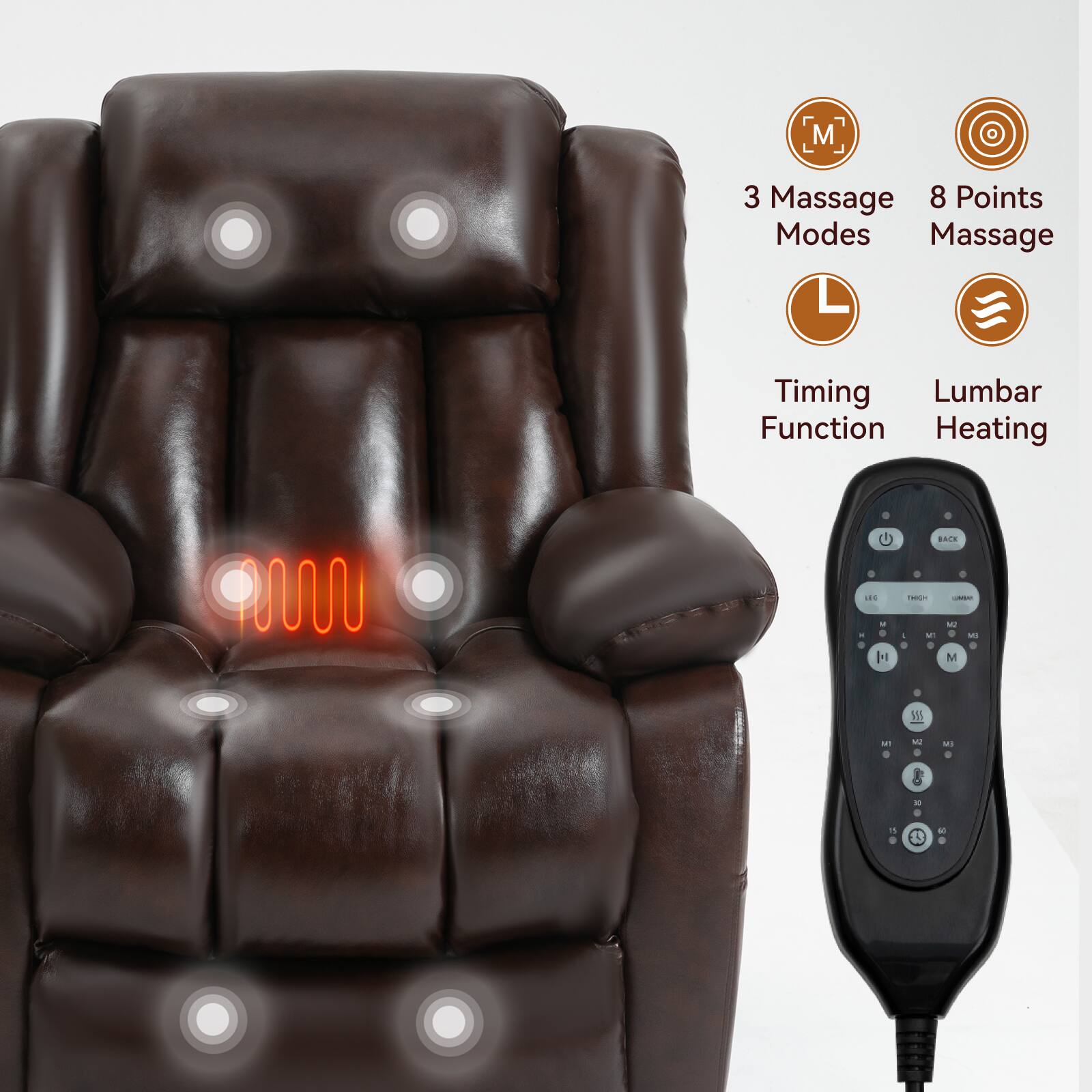 3 Massage Modes  
8 Points Massage  
Timing Function  
Lumbar Heating