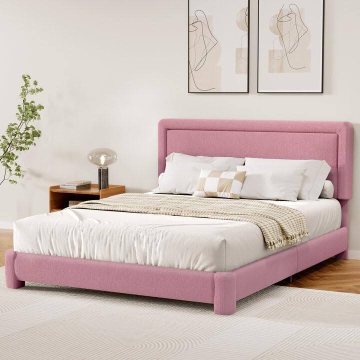 Angle. Dyonery - Queen Size Boucle Bed Frame,Pink Upholstered Teddy Fabric Bed Frame with Headboard, Soft Rounded Corners,Easy Assembly - Pink.