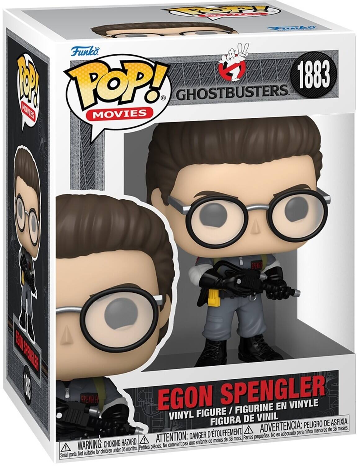 Sure, here is the corrected and grouped text from the image:

---

**Funko POP! MOVIES**

**GHOSTBUSTERS**

**1883**

**EGON SPENGLER**

**VINYL FIGURE / FIGURINE EN VINYLE / FIGURA DE VINIL**

**WARNING: CHOKING HAZARD.**  
Small parts. Not suitable for children under 36 months.

**ATTENTION: DANGER D'ÉTOUFFEMENT.**  
Petites pièces. Ne convient pas aux enfants de moins de 36 mois.

**ADVERTENCIA: PEIGRO DE ASFIXIA.**  
Partes pequeñas. No es adecuado para niños menores de 36 meses.

---

This text is organized to reflect the information on the packaging, including the brand, series, character, and safety warnings.