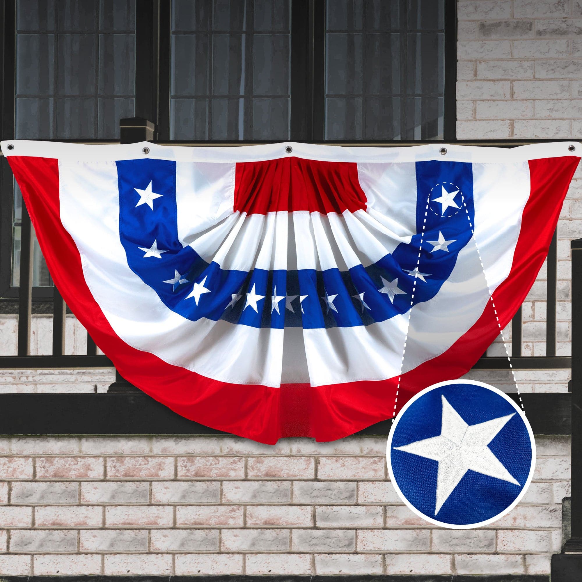 G128 - Pleated Fan Bunting Flag, 3x6 ft, Embroidered Stars & Sewn Stripes, Brass Grommets - Red, white, and blue price history on PriceWatchPro