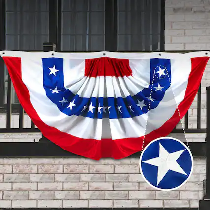 Front. G128 - Pleated Fan Flag 5x10 Feet American Bunting Decoration, Embroidered Stars and Sewn Stripes, Brass Grommets - Assorted Colors.