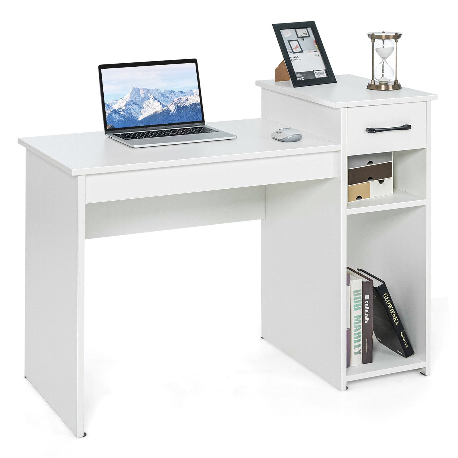 SlickBlue - Small Computer Desk with CPU Stand and Drawer – Office or Home Workstation - White