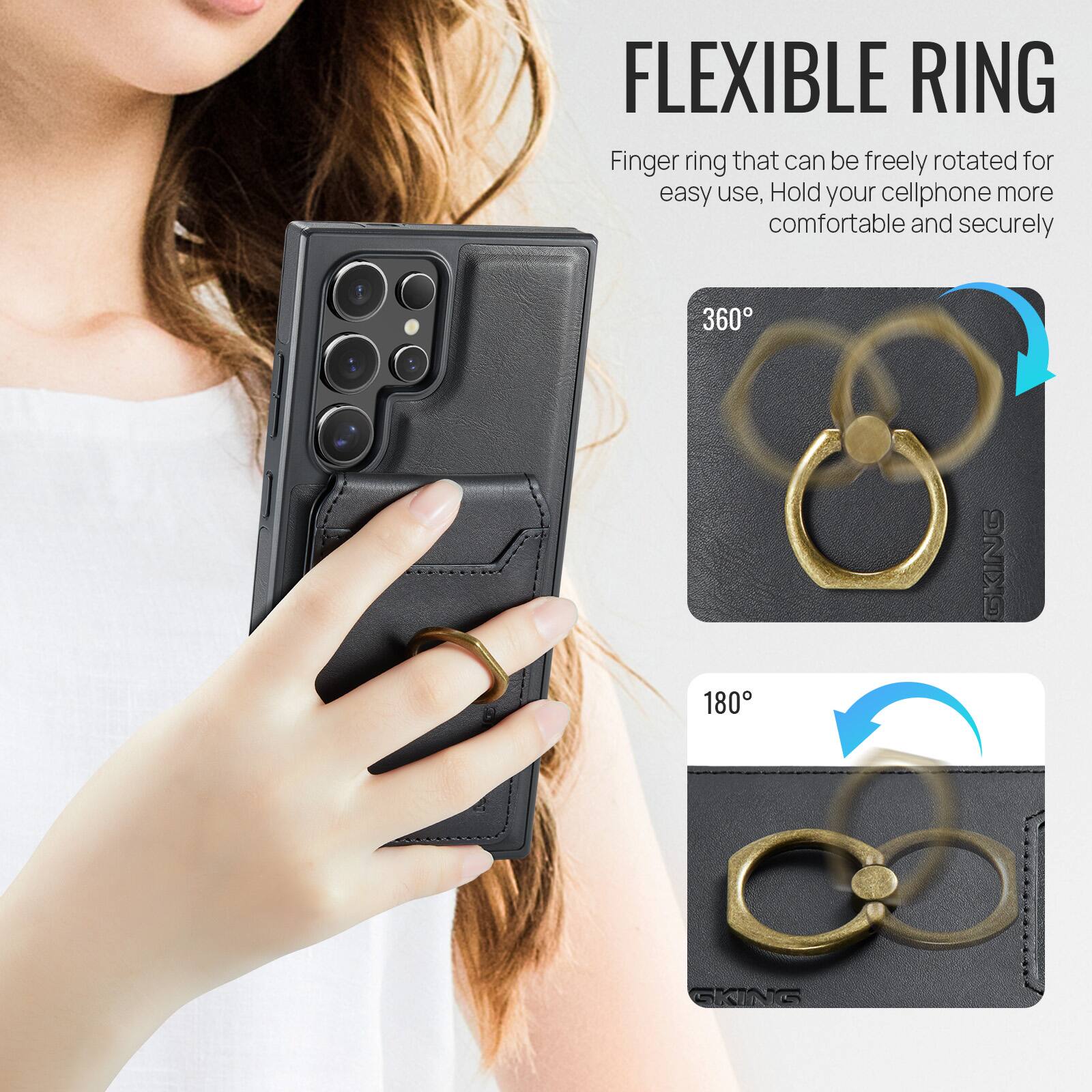 FLEXIBLE RING  
Finger ring that can be freely rotated for easy use, Hold your cellphone more comfortable and securely  
360°  
180°
