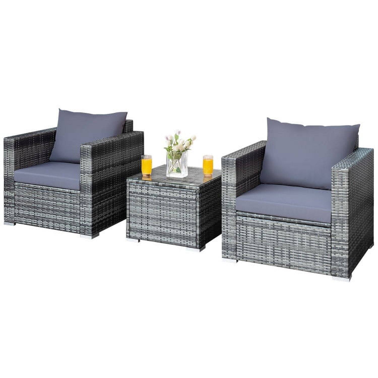 Back. Kadyn - 3 Pcs Patio Rattan Furniture Bistro Sofa Set with Coffee Table and Cushions-Gray - Gray.