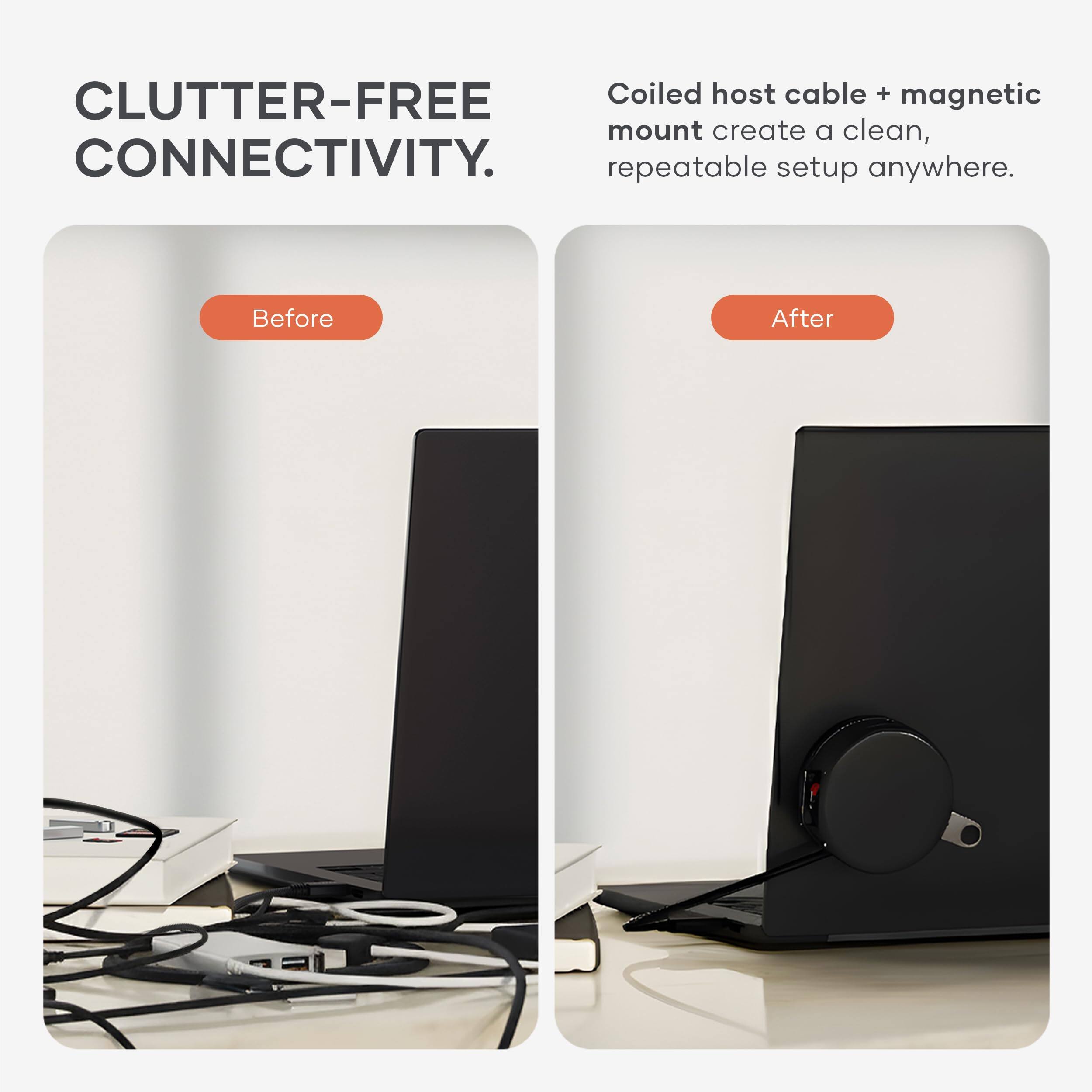 CLUTTER-FREE CONNECTIVITY.

Coiled host cable + magnetic mount create a clean, repeatable setup anywhere.

Before After