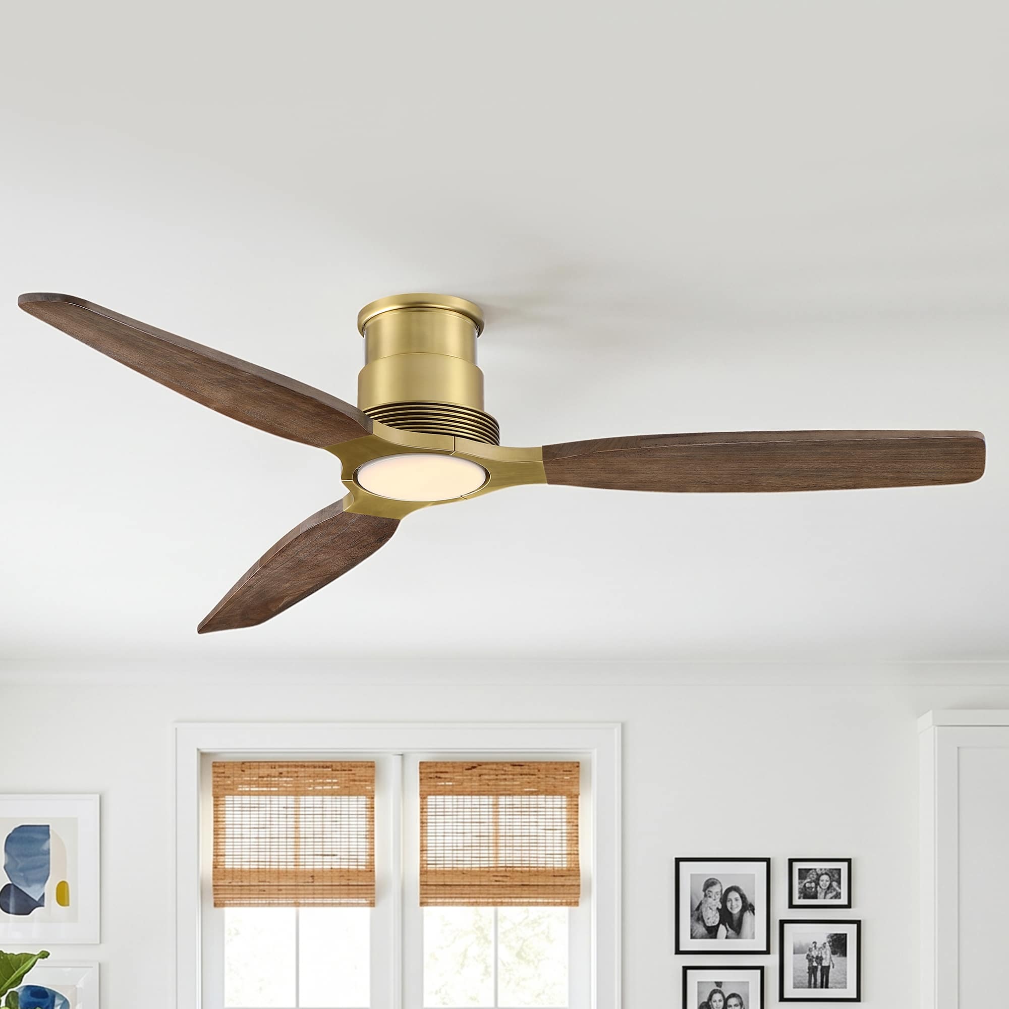 "Parrot Uncle - 56"" Rustic Solid Wood Flush Mount Ceiling Fan with Diammable LED Light and Remote - Brass" price history on PriceWatchPro