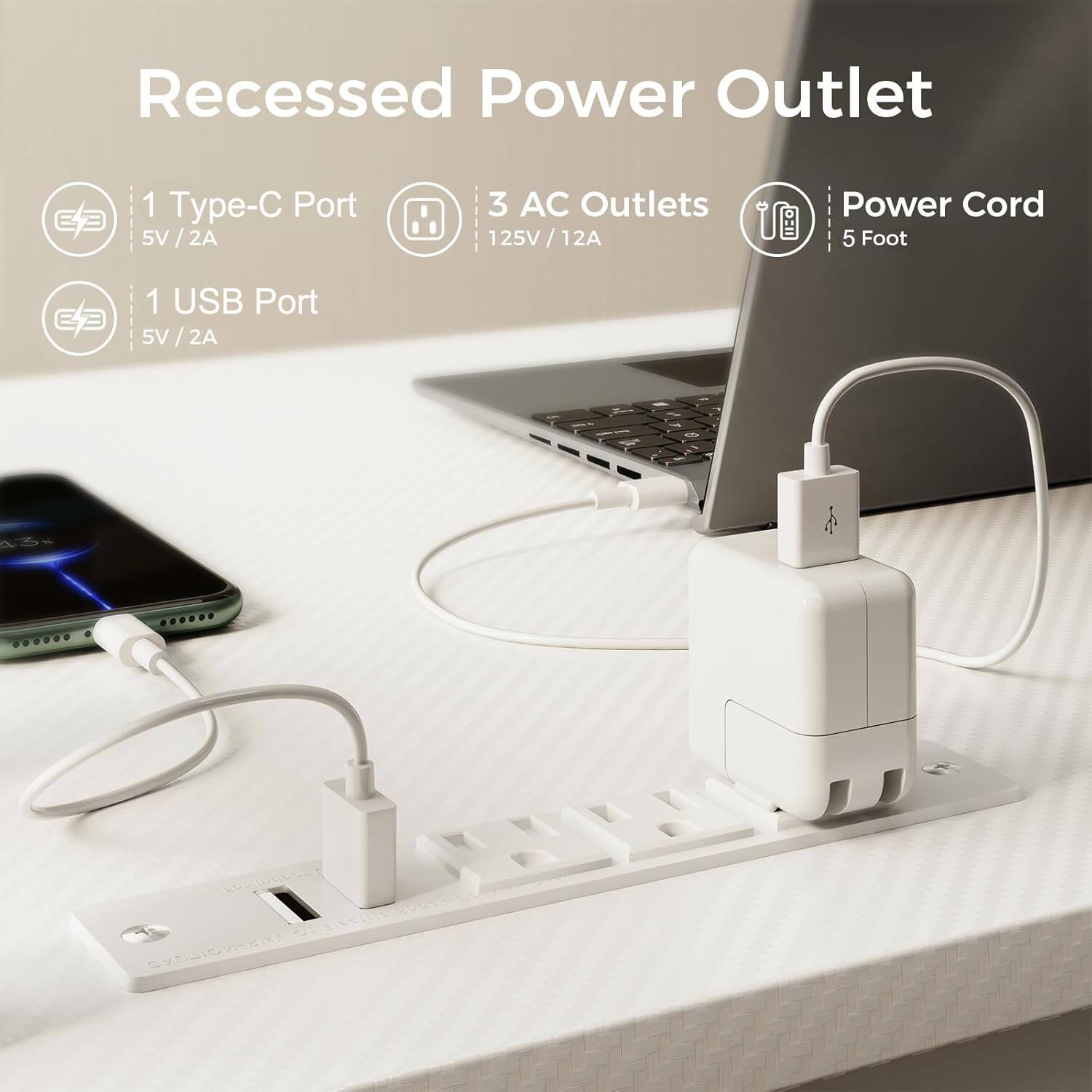 Recessed Power Outlet

- 1 Type-C Port 5V/2A
- 3 AC Outlets 125V/12A
- 1 USB Port 5V/2A
- Power Cord 5 Foot