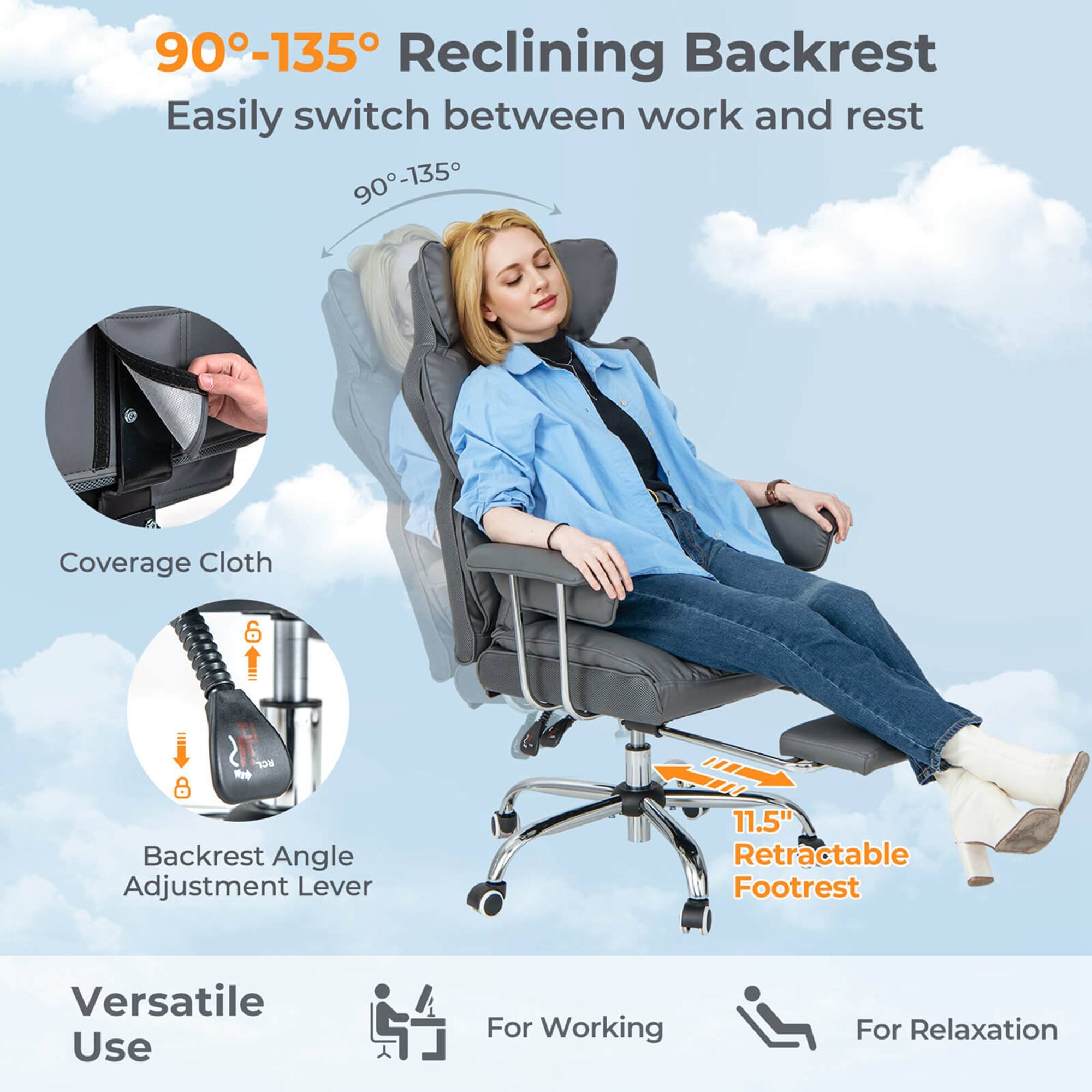 The text on the image describes a 90-135 Reclining Backrest, which allows for easy switching between work and rest. The backrest is covered with a cloth, and it features an adjustment lever for the backrest angle. Additionally, the backrest has a retractable footrest, making it versatile for both work and relaxation.