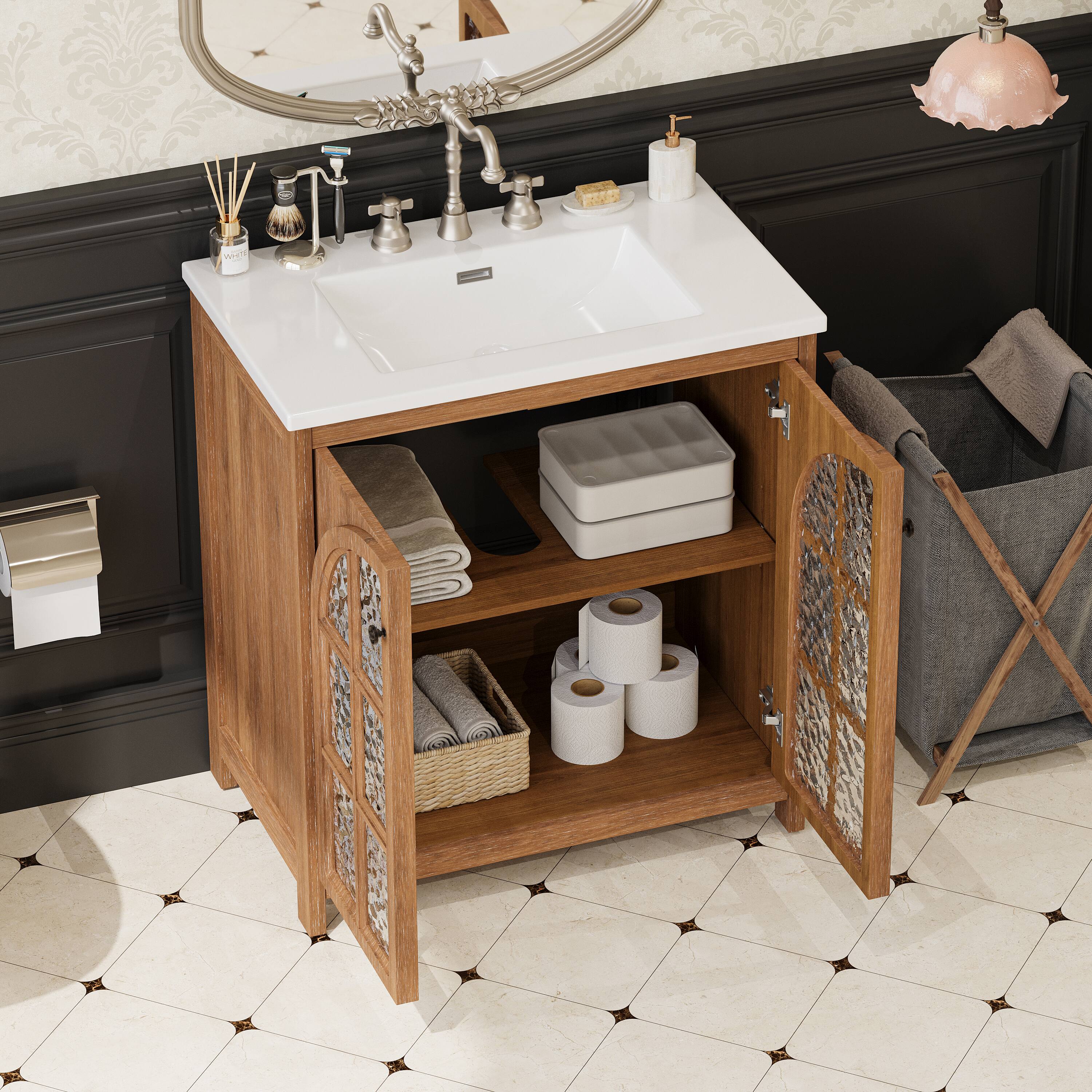Alt View 1. Loheer - 2.58 ft Rustic Bathroom Vanity with Ceramic Sink, Soft Close Doors, Antique Natural. - Antique Natural.