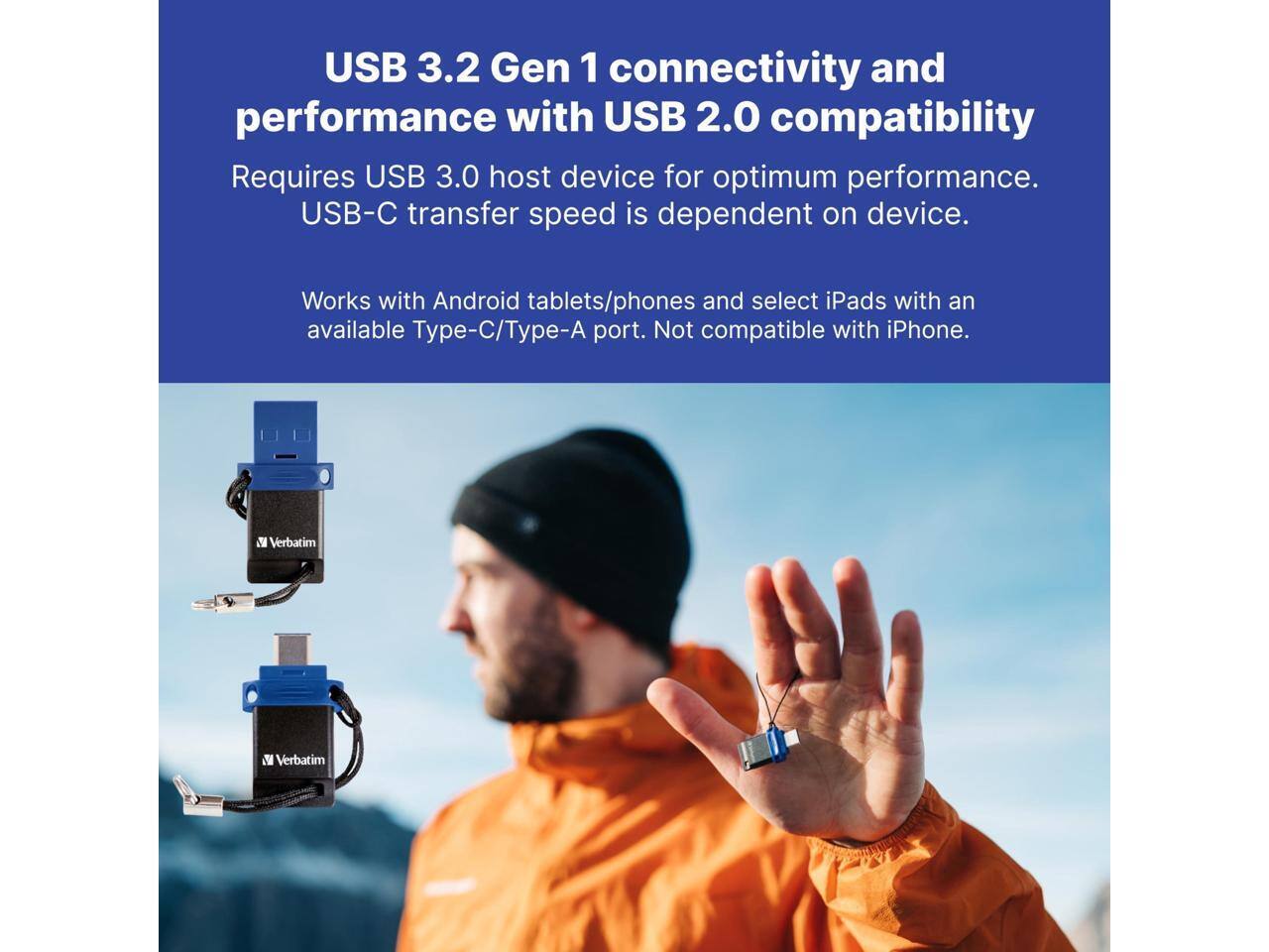 USB 3.2 Gen 1 connectivity and performance with USB 2.0 compatibility. Requires USB 3.0 host device for optimum performance. USB-C transfer speed is dependent on device. Works with Android tablets/phones and select iPads with an available Type-C/Type-A port. Not compatible with iPhone.