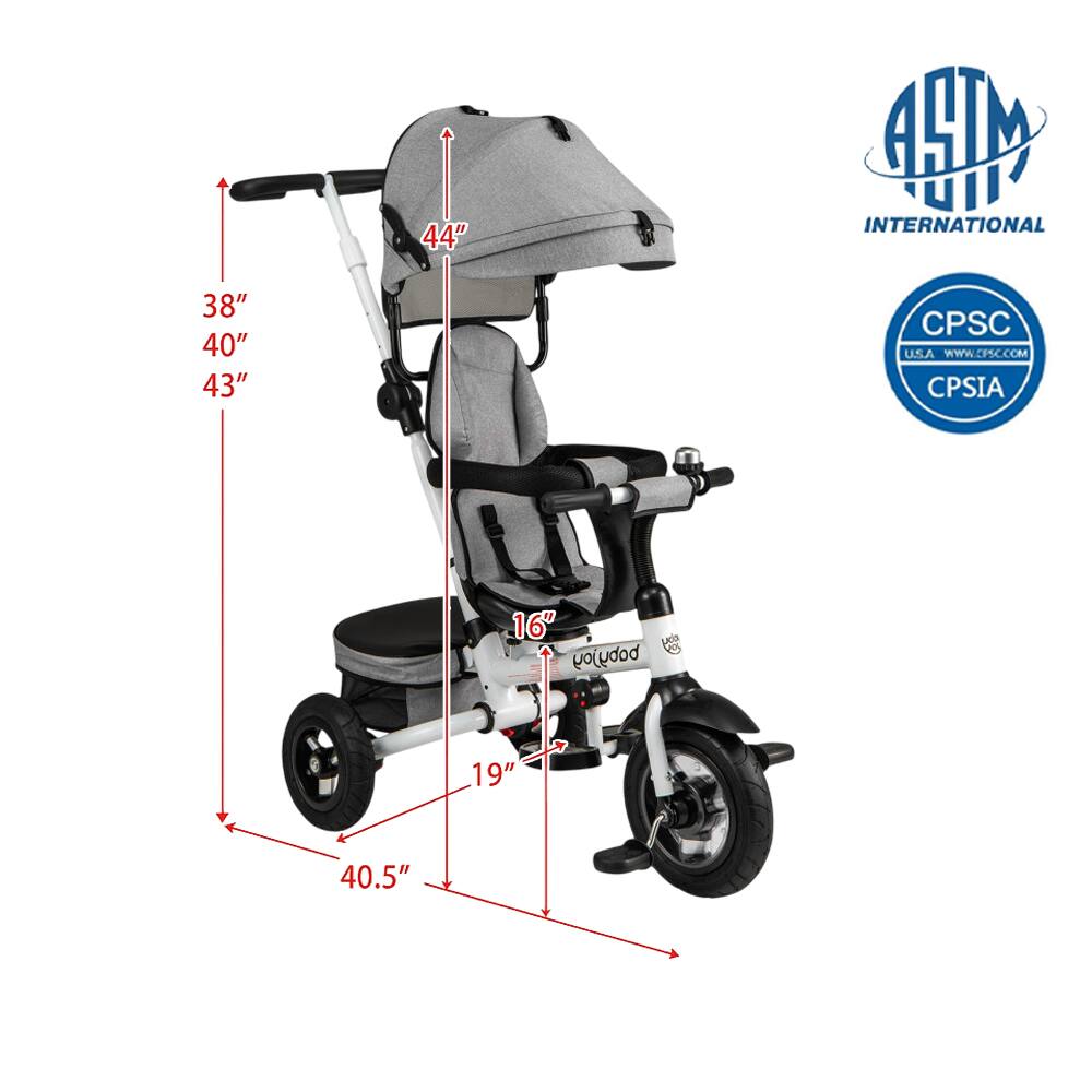 Sure, here is the corrected and grouped text from the image:

- **Dimensions:**
  - 44"
  - 38"
  - 40"
  - 43"
  - 16"
  - 19"
  - 40.5"

- **Certifications:**
  - ASTM INTERNATIONAL
  - CPSC U.S.A. WWW.CPSC.COM
  - CPSIA

- **Brand:**
  - Babyjoy