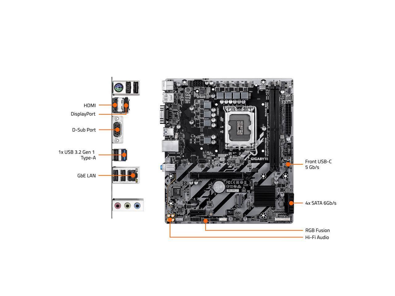 HDMI  
DisplayPort  
D-Sub Port  
1x USB 3.2 Gen 1 Type-A  
GbE LAN  
Front USB-C 5 Gb/s  
4x SATA 6Gb/s  
RGB Fusion  
Hi-Fi Audio
