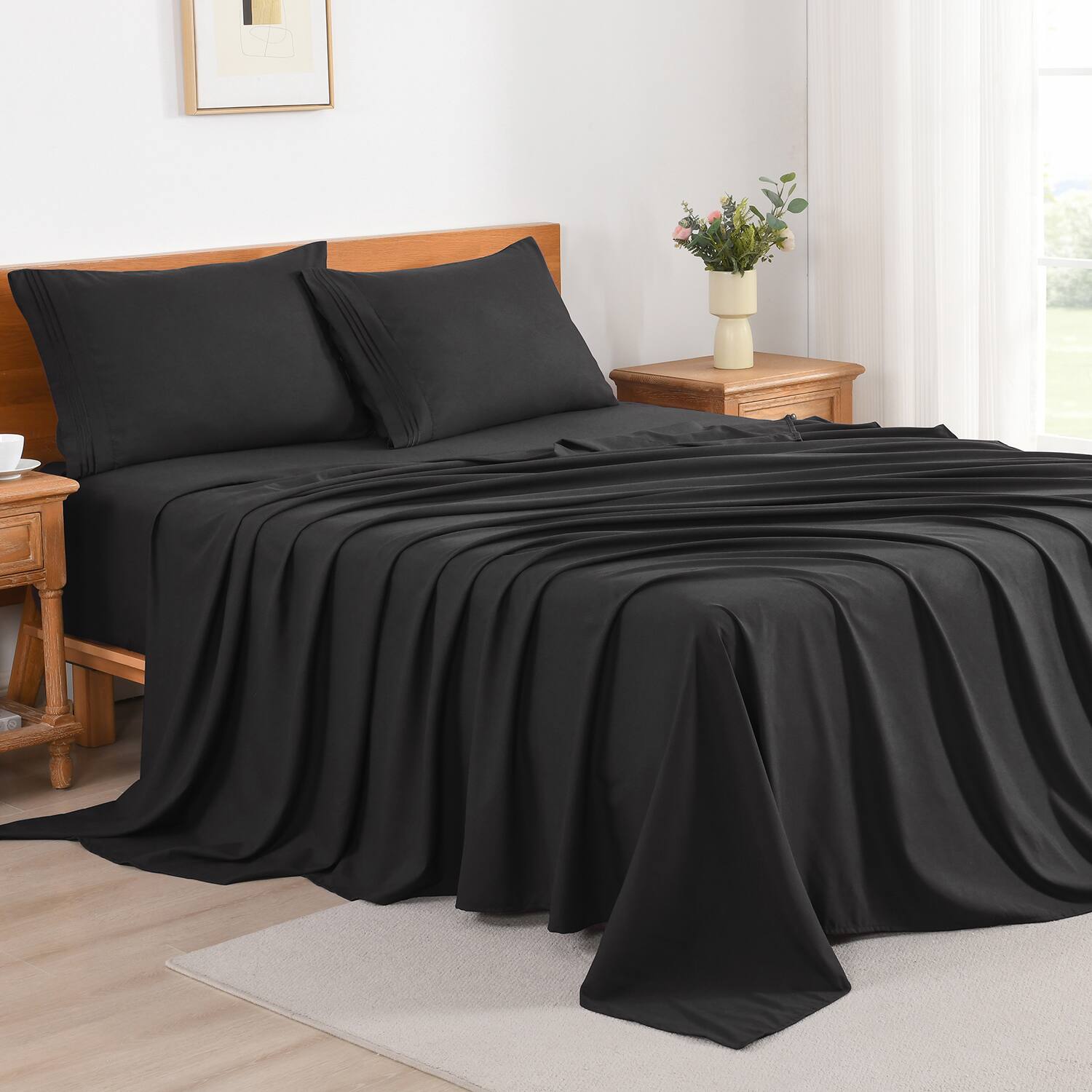 Angle. MarCielo - Marcielo 3/4 Pcs Soft Solid & Embroidery Bed Sheets Set - Black.