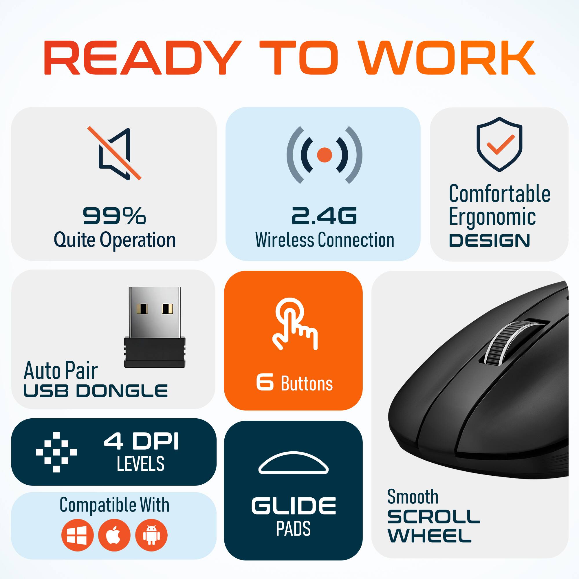 READY TO WORK

- 99% Quite Operation
- 2.4G Wireless Connection
- Comfortable Ergonomic DESIGN
- Auto Pair USB DONGLE
- 6 Buttons
- 4 DPI LEVELS
- Compatible With
- GLIDE PADS
- Smooth SCROLL WHEEL