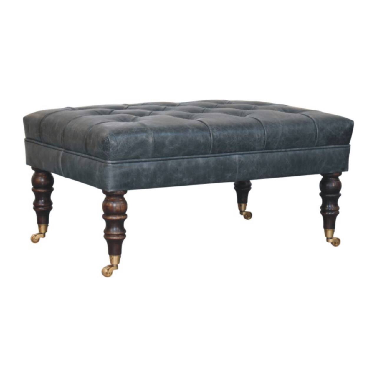 Back. Artisan Furniture - Artisan Furniture Solid Wood Buffalo Teal Leather Ottoman with Castor Legs, Upholstered, Black Color - Black.